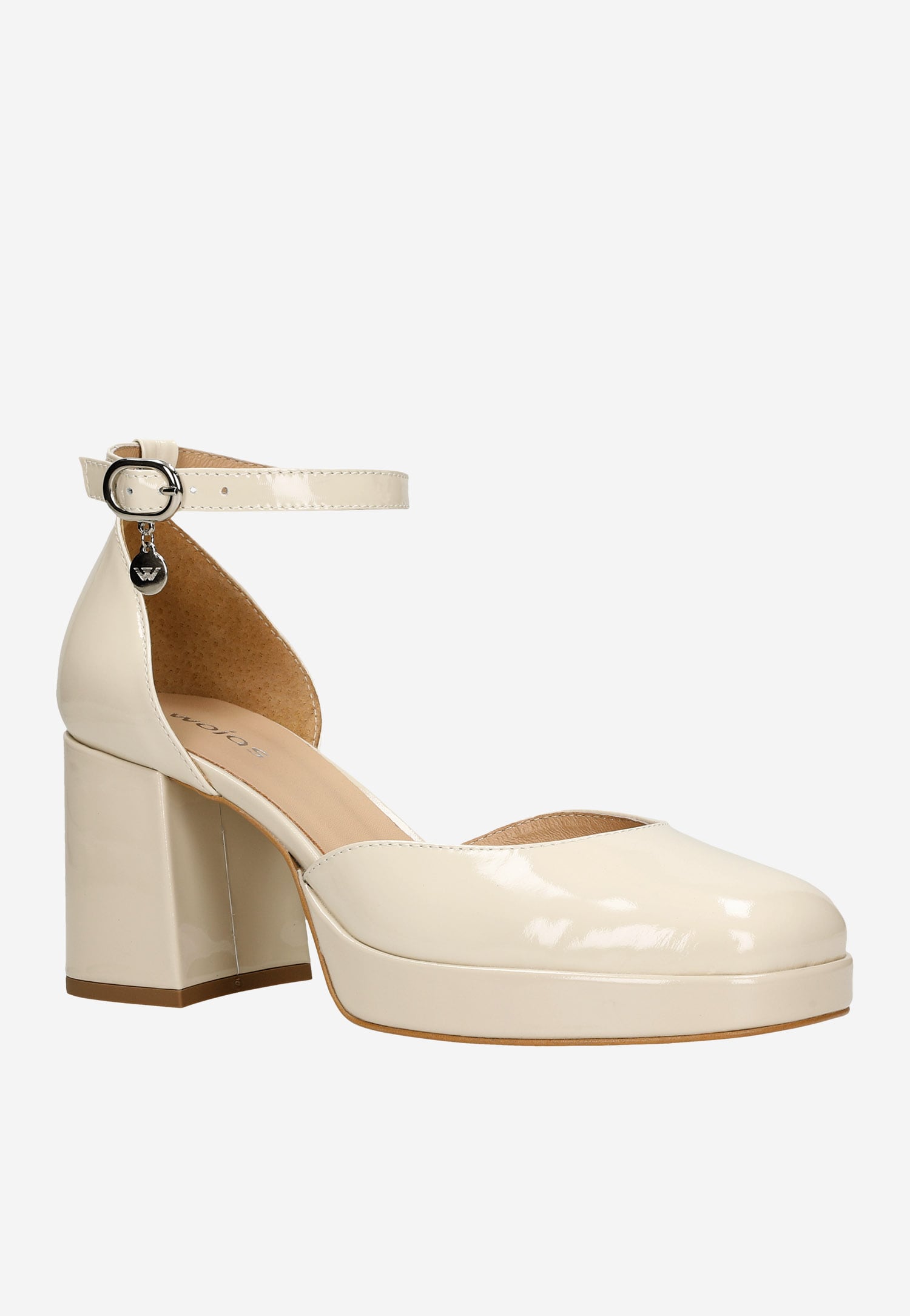 Lakierowane beżowe czółenka damskie na szerokim obcasie