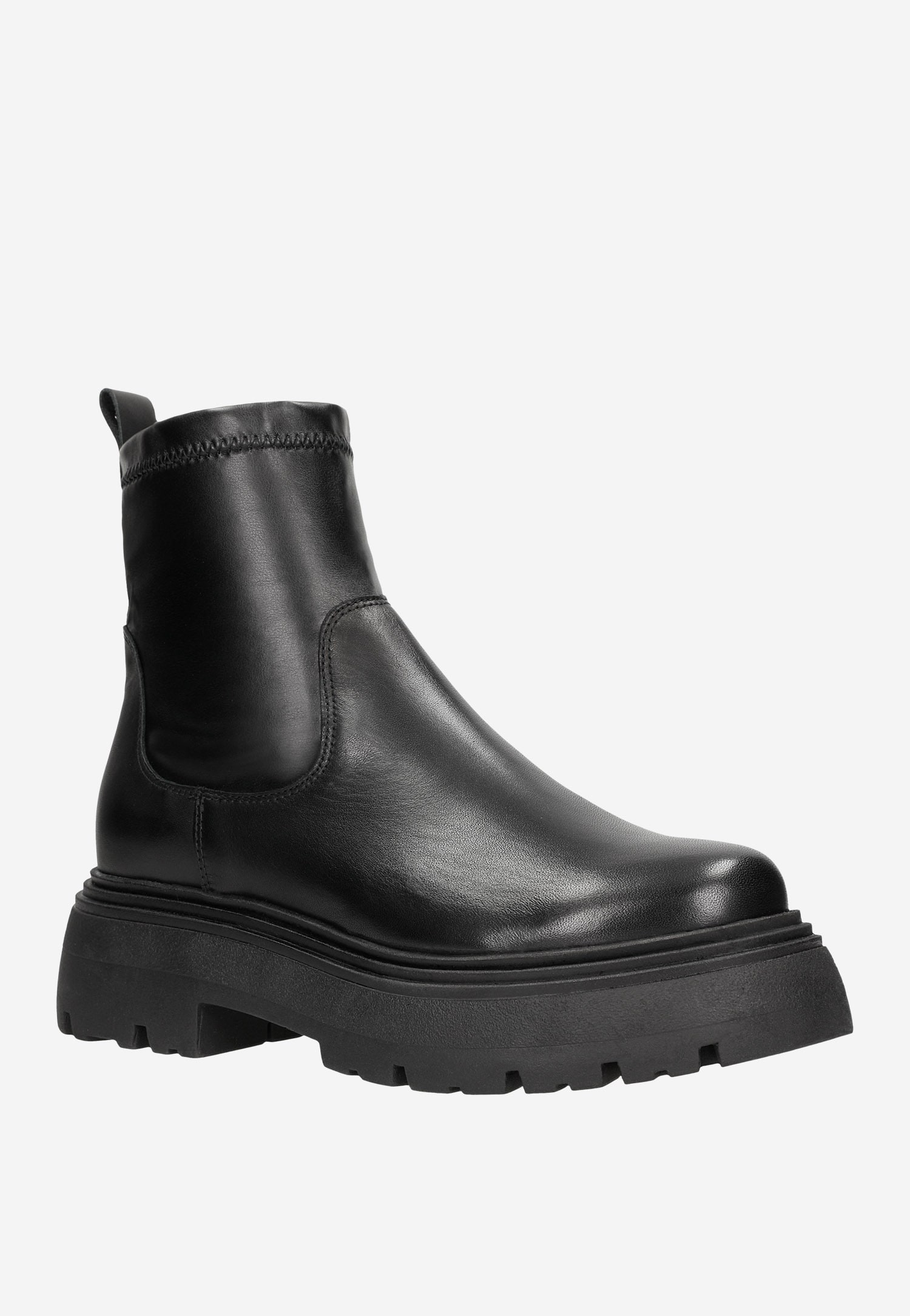 Czarne skórzane botki damskie na masywnej podeszwie