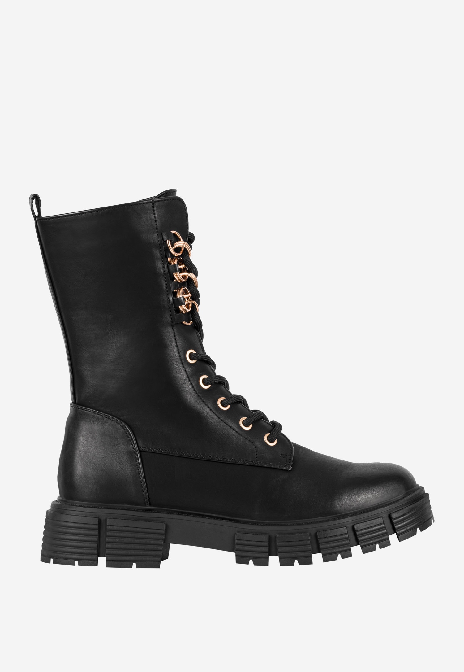 WJS czarne sznurowane trzewiki damskie ze złotymi ozdobnymi kółkami