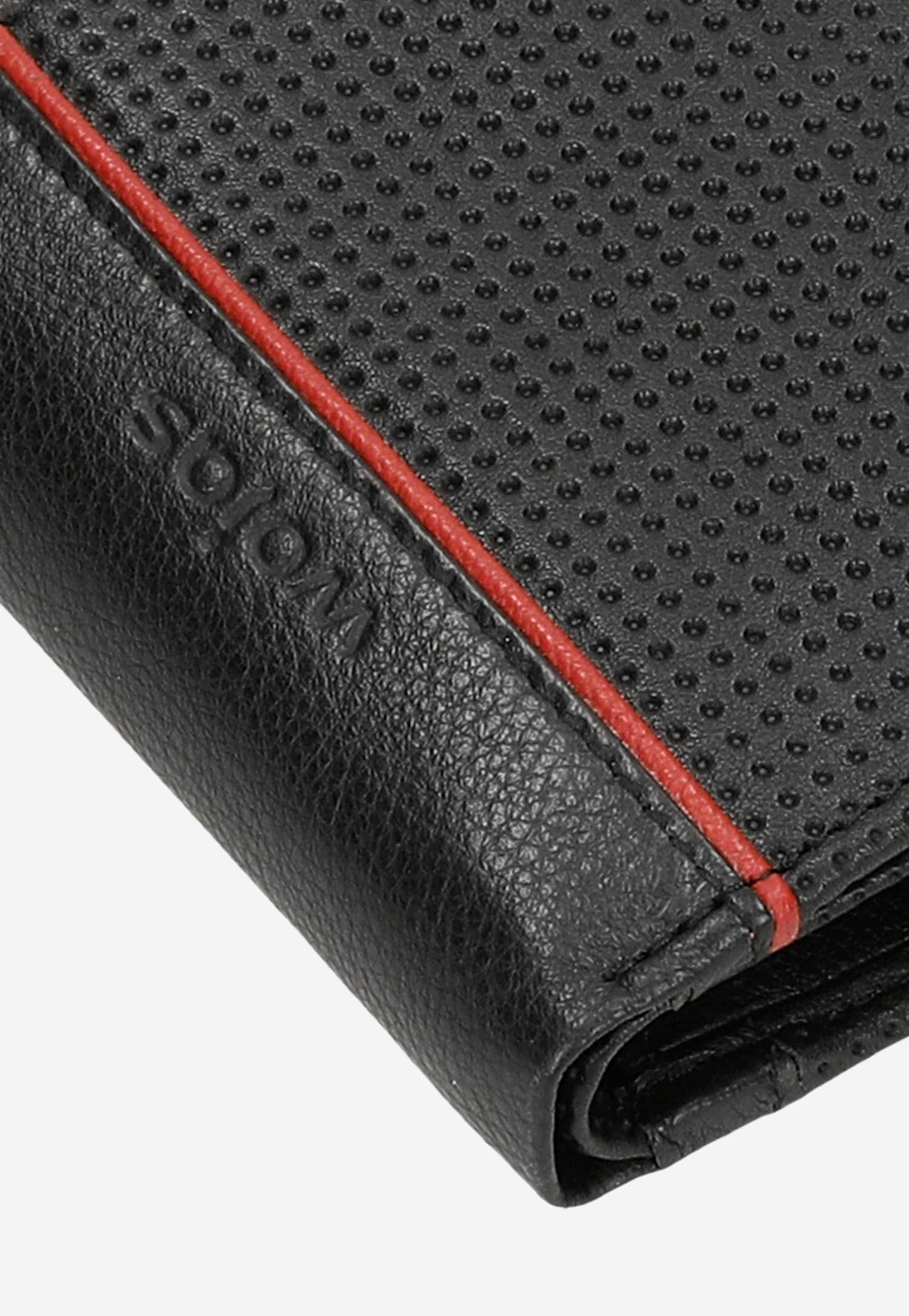 Czarny portfel męski ze skóry licowej z pionowym czerwonym paskiem