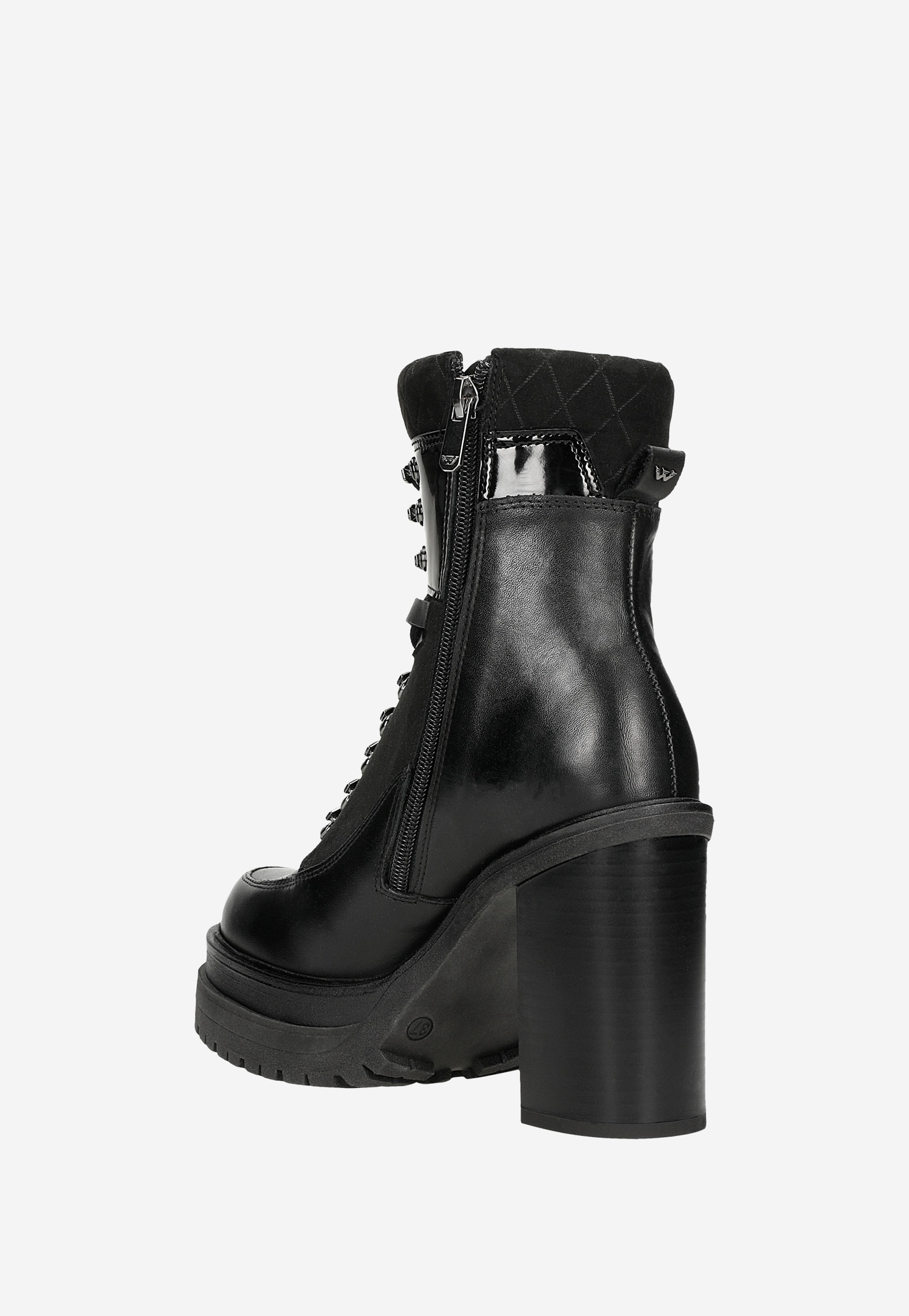 Czarne bikery z łączonych skór na obcasie