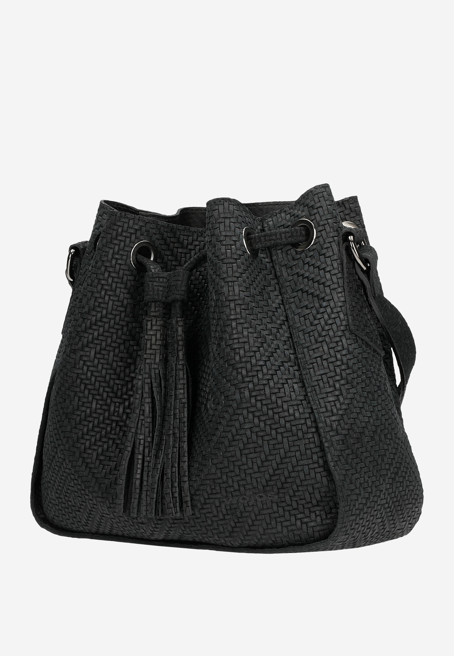 Czarna pleciona torebka damska z dwoiny welurowej w oryginalne wzory