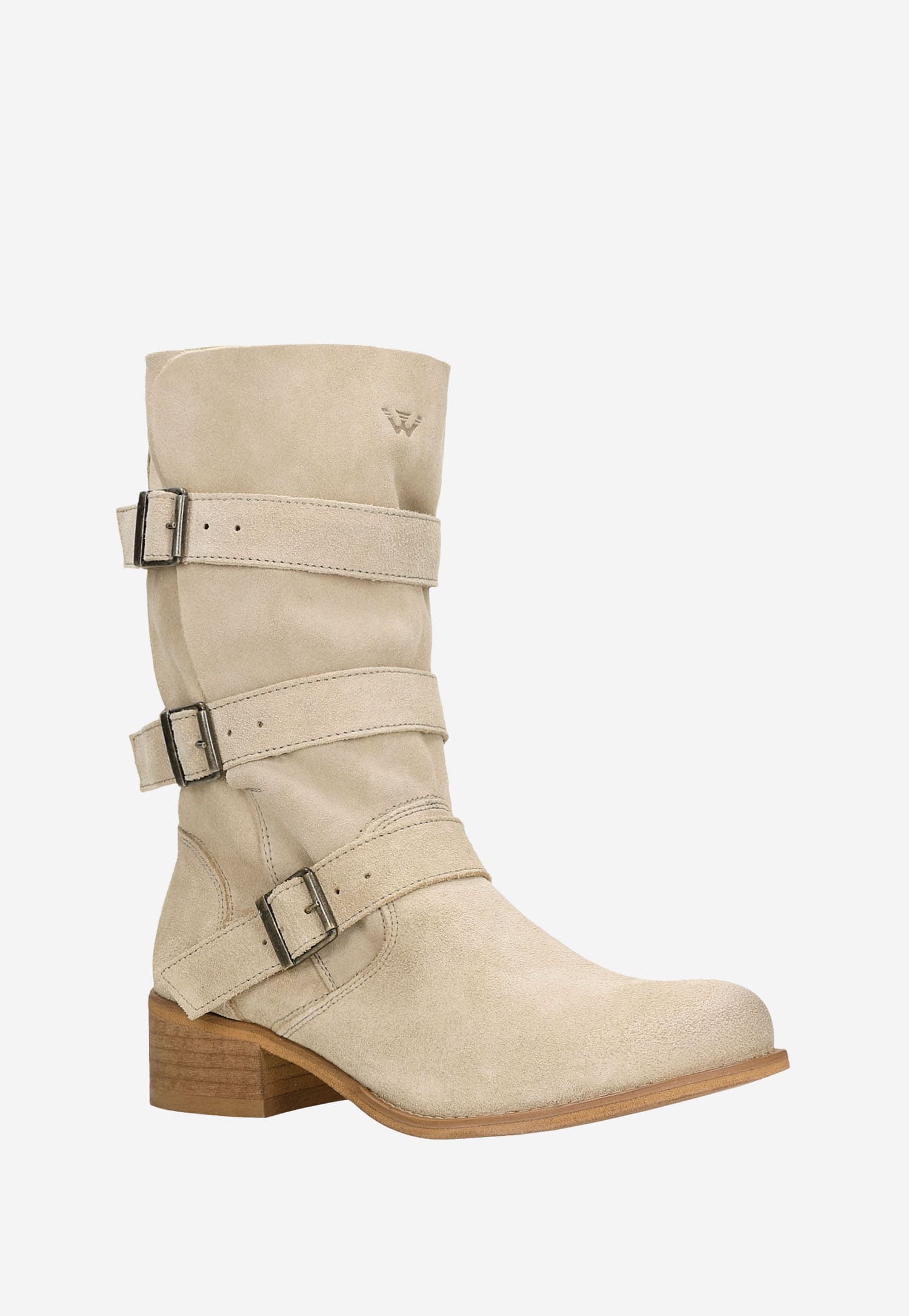 Beżowe wsuwane botki damskie z dwoiny welurowej