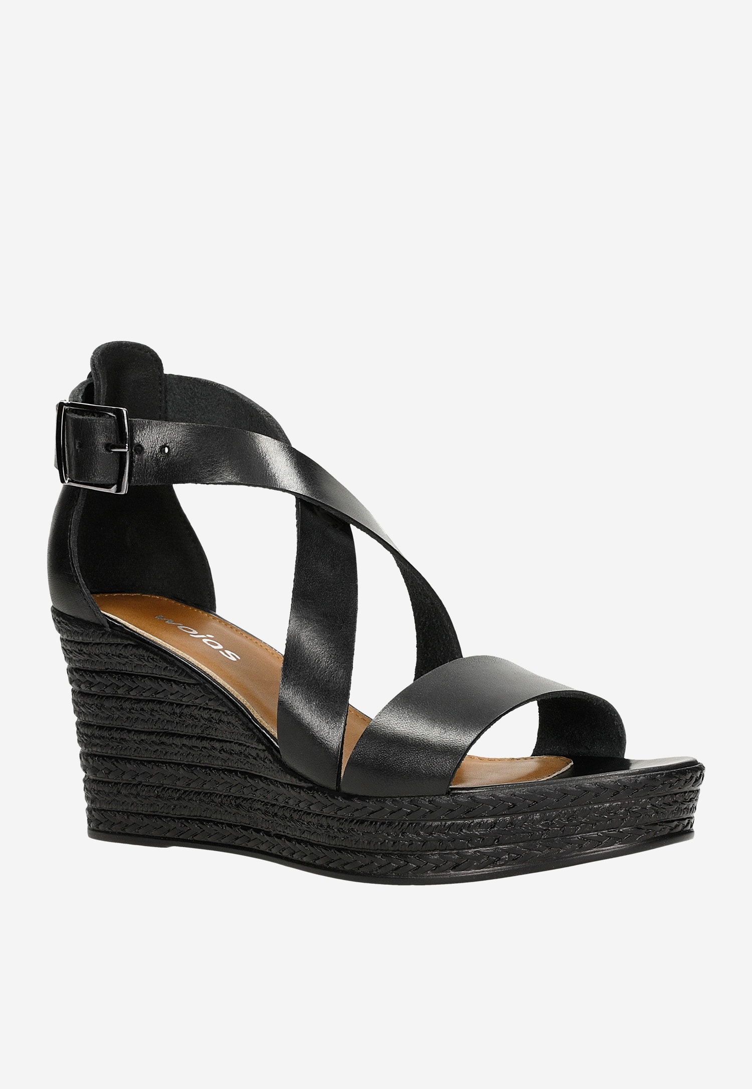 Czarne skórzane sandały damskie na koturnie