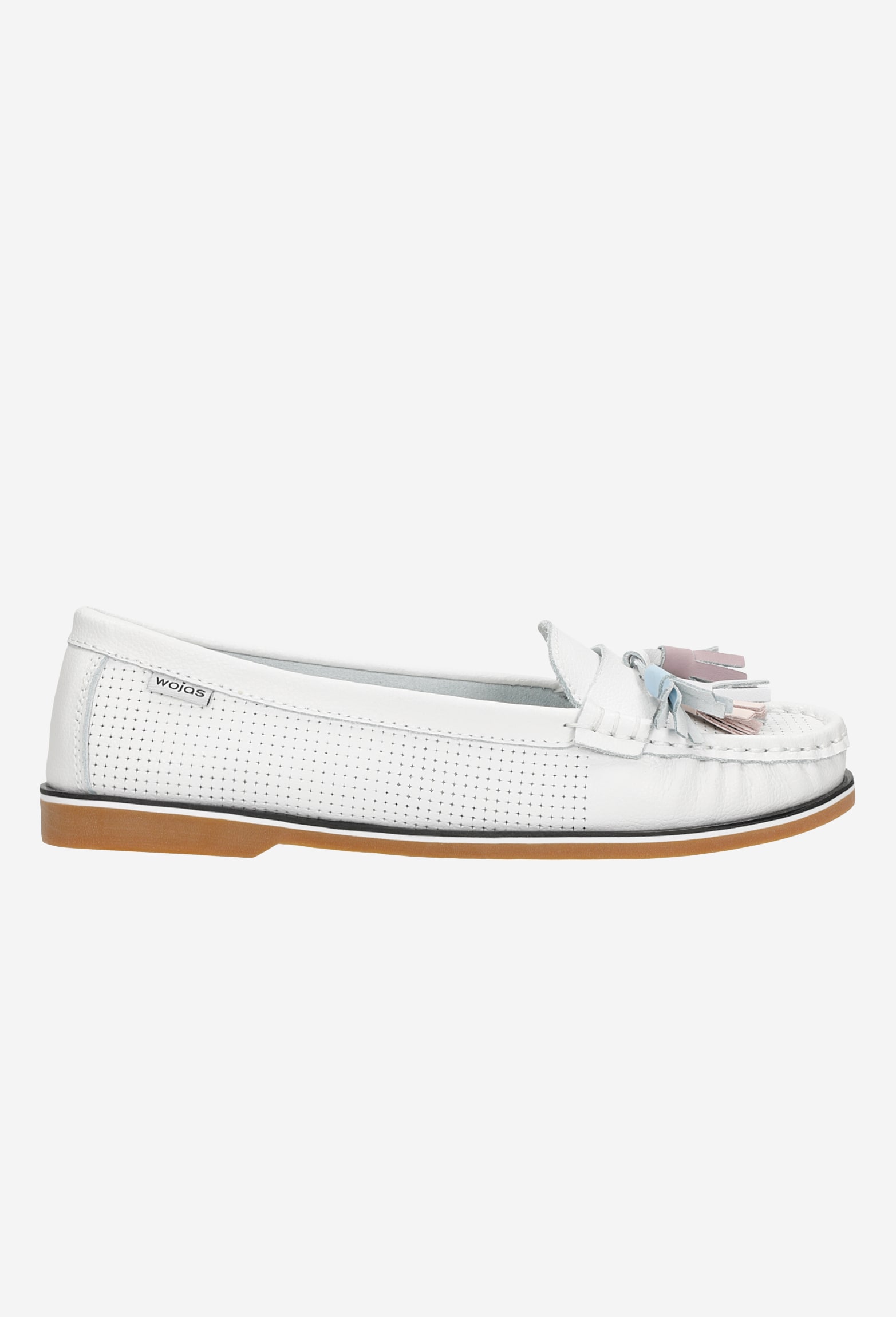 Białe mokasyny damskie z kolorowymi frędzelkami