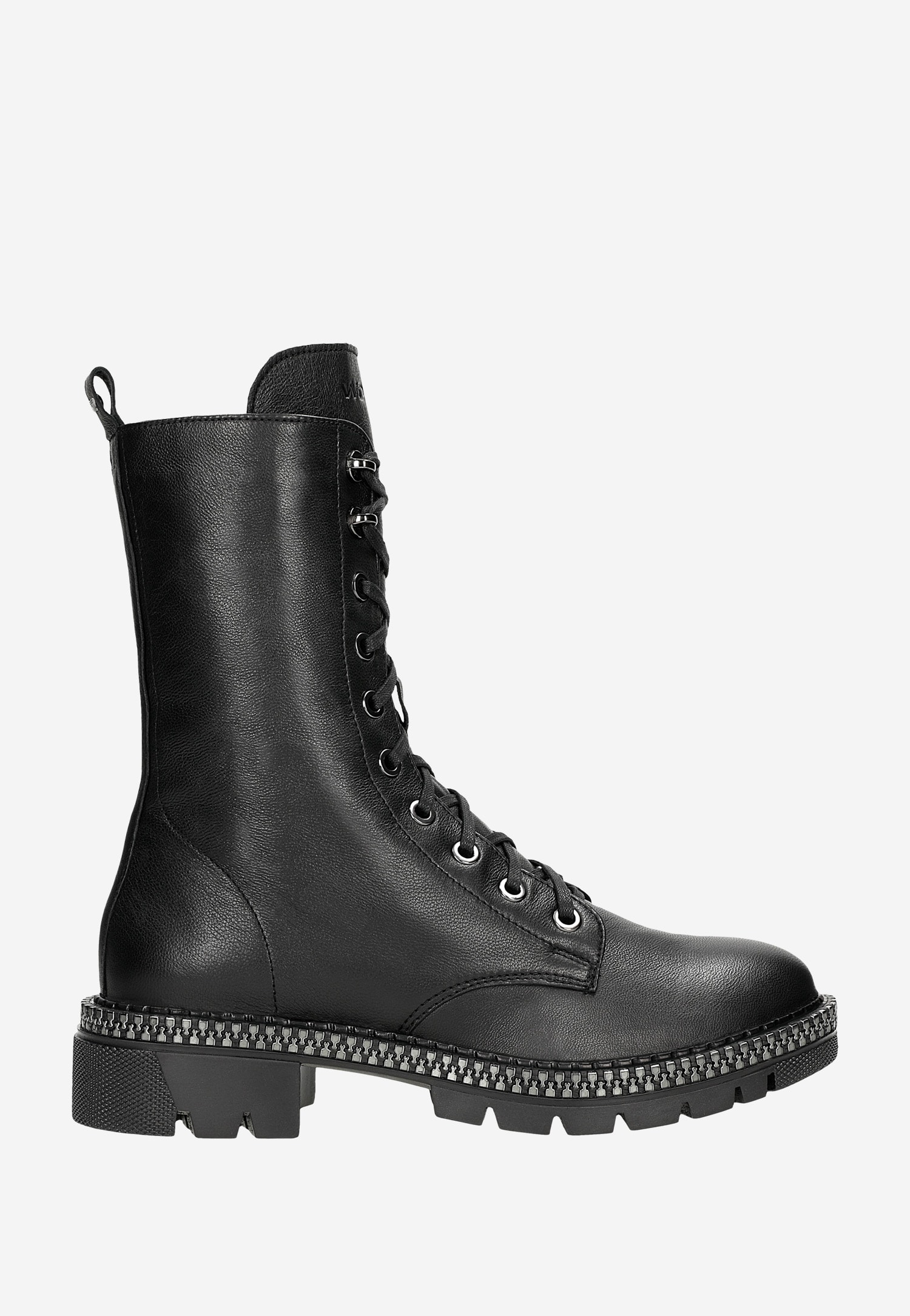 Czarne wysokie trzewiki damskie z ozdobnym zamkiem na podeszwie