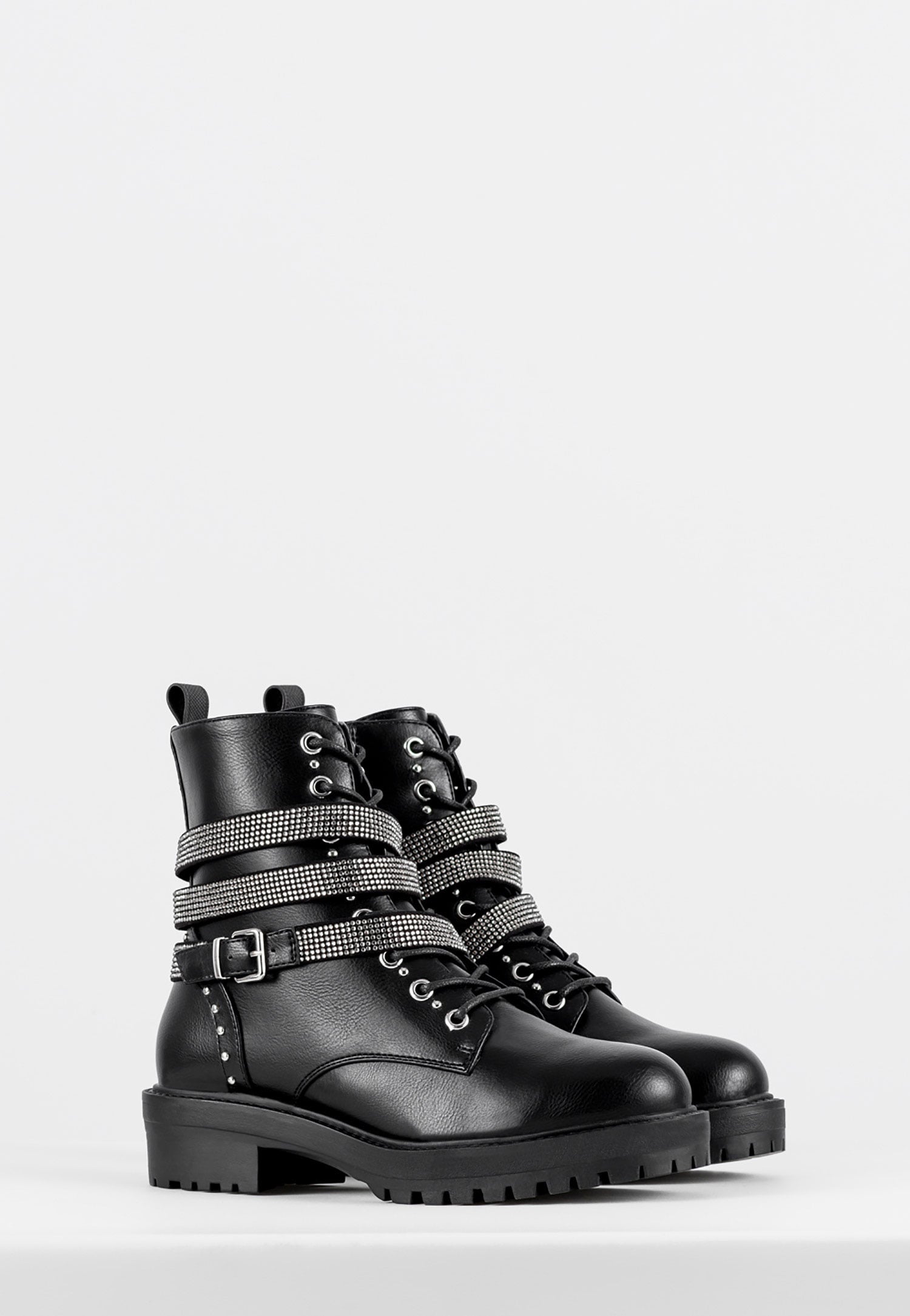 WJS czarne trzewiki damskie z ozdobnym paskiem