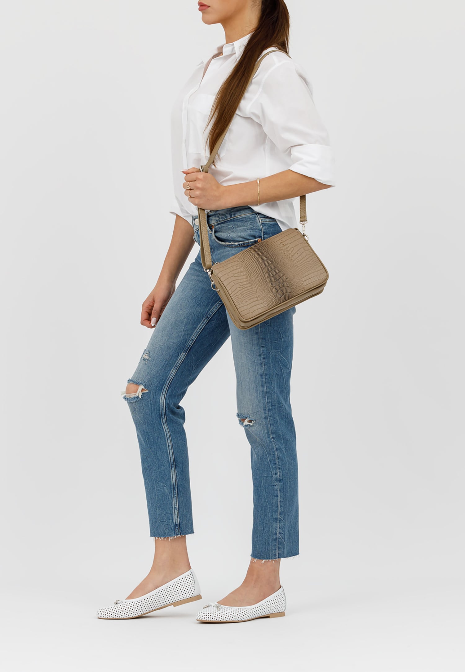 Białe wygodne baleriny damskie ze skóry licowej