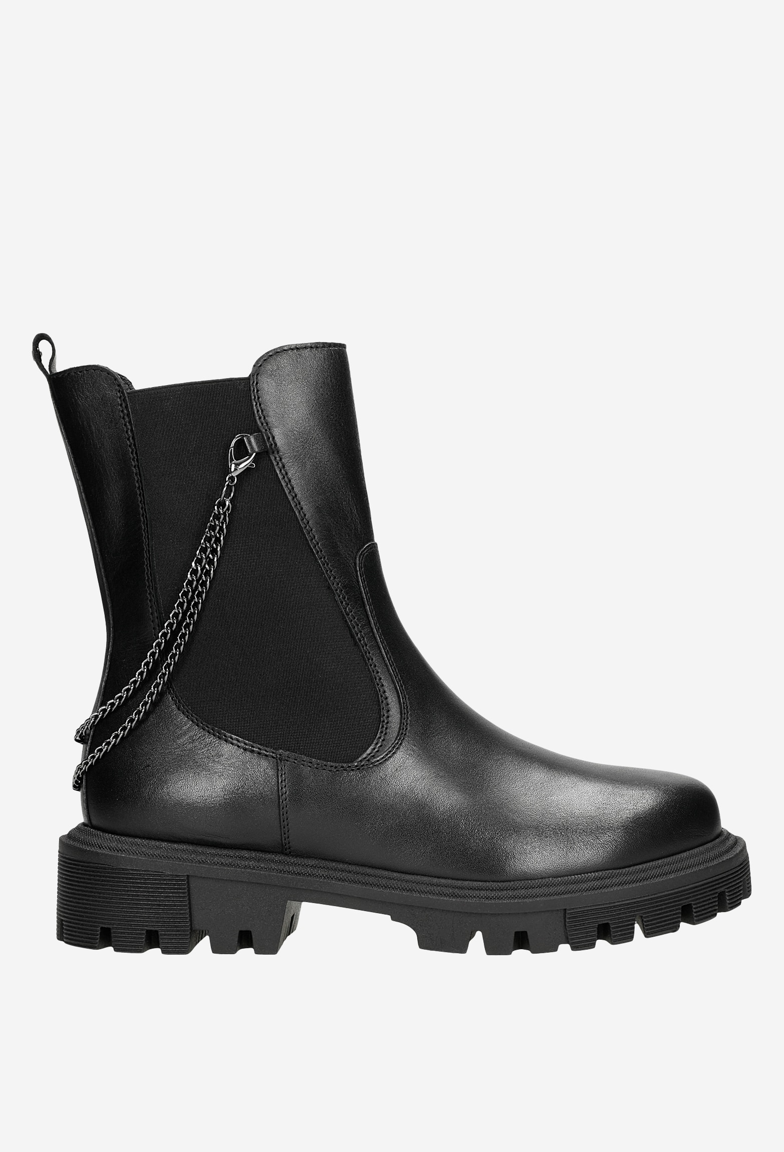Czarne botki damskie typu sztyblety z łańcuszkiem