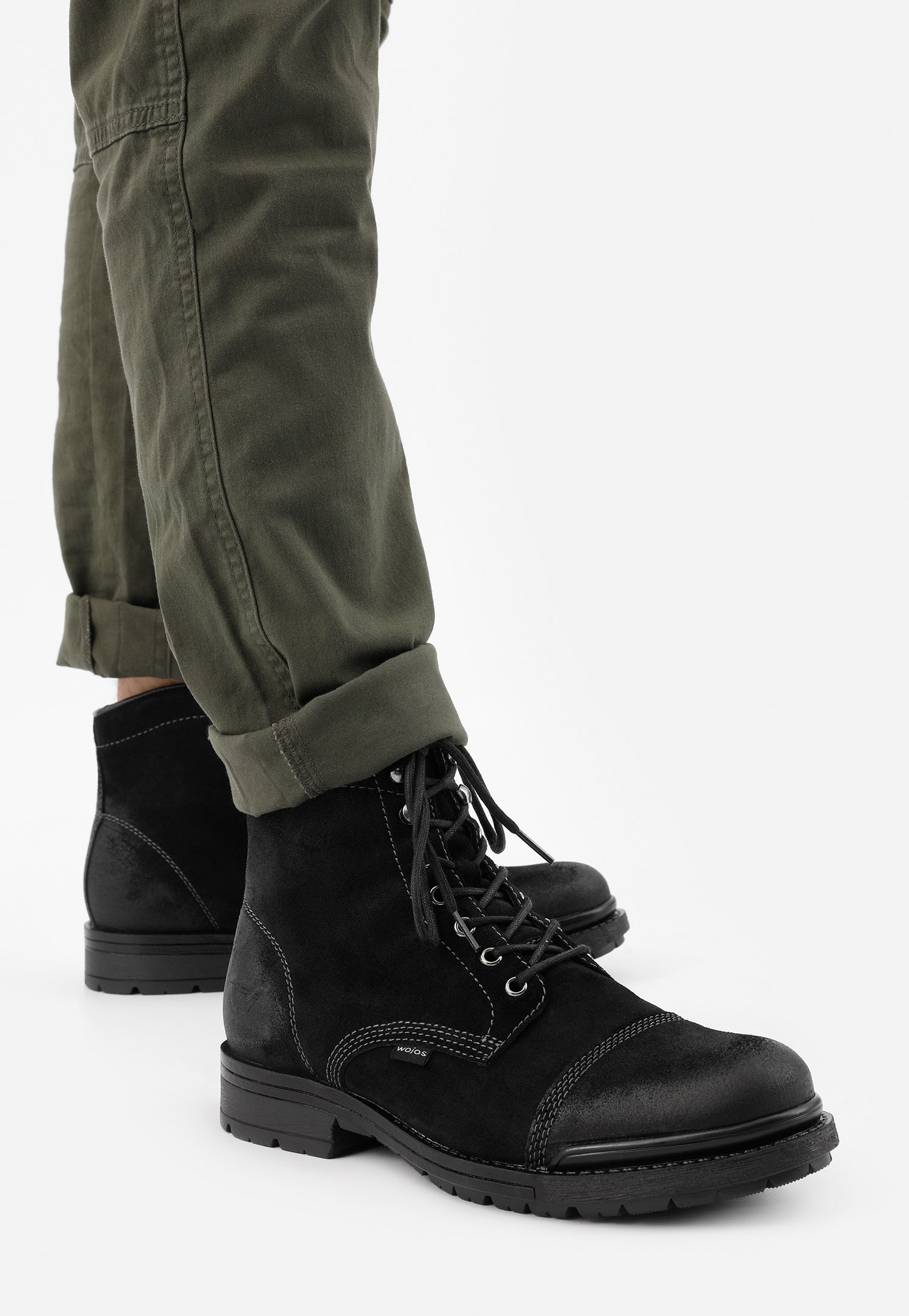 Czarne sznurowane bikery męskie z dwoiny welurowej