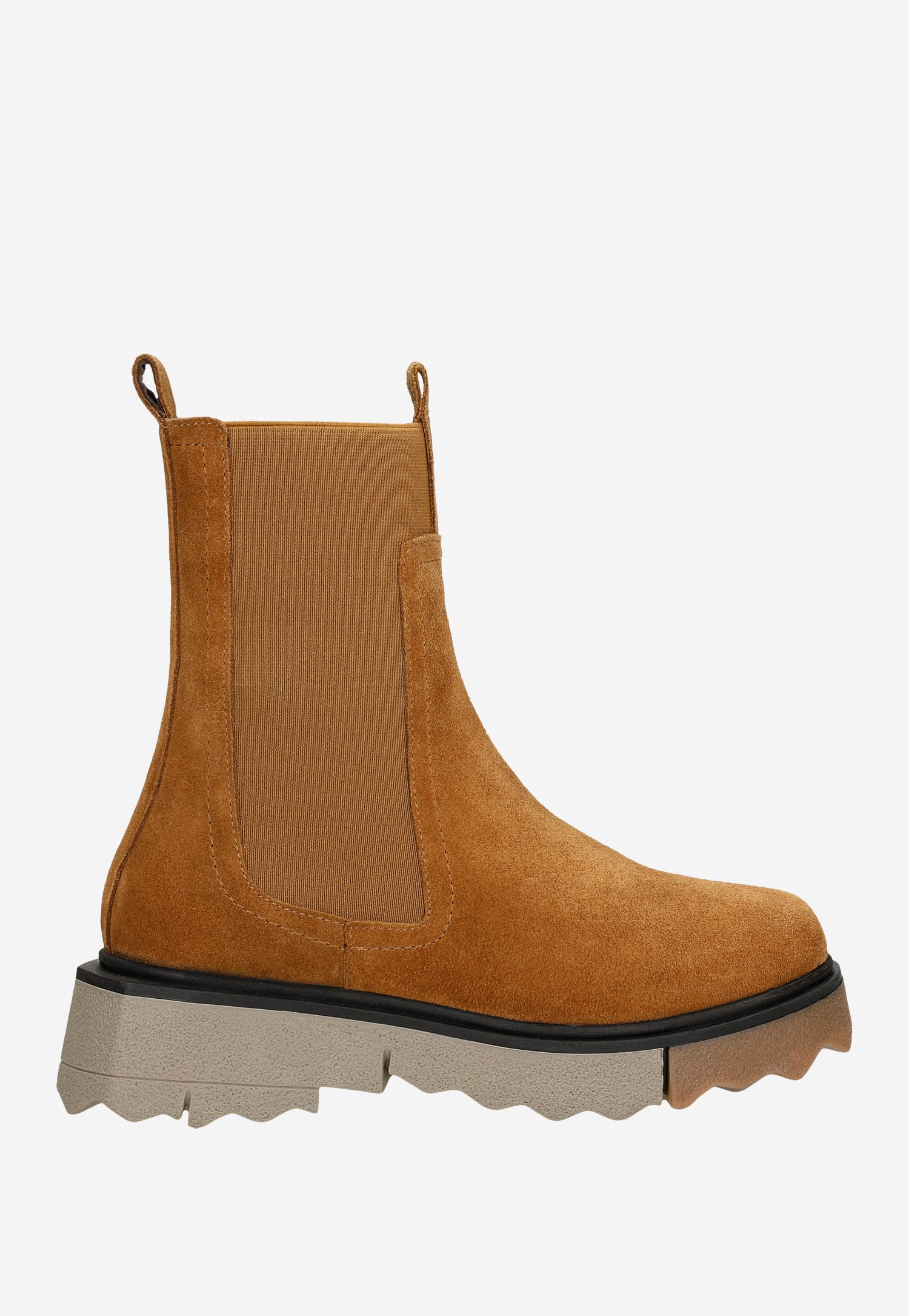 Jasnobrązowe designerskie sztyblety z ciekawą podeszwą