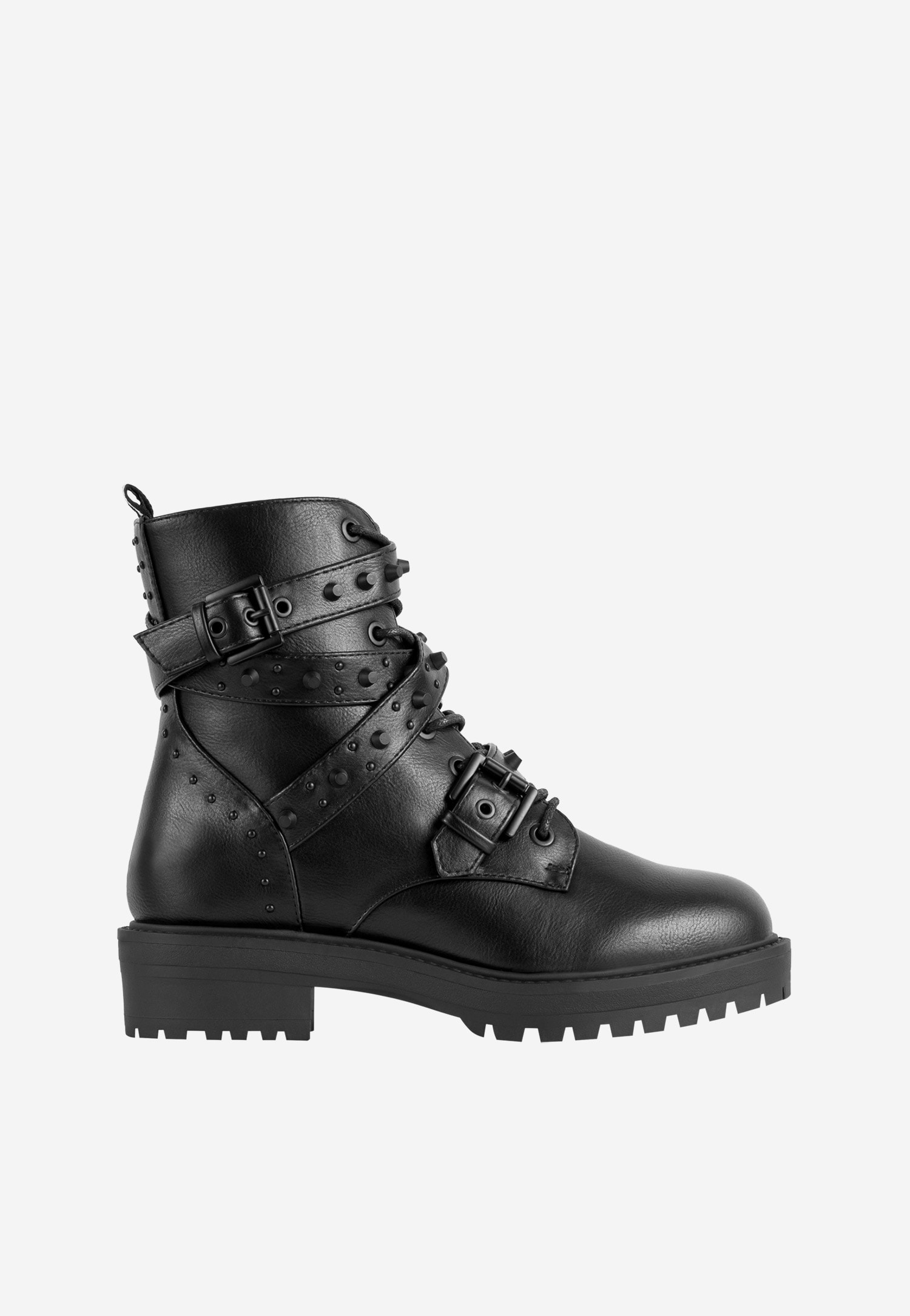 WJS czarne trzewiki damskie z ozdobnymi paskami