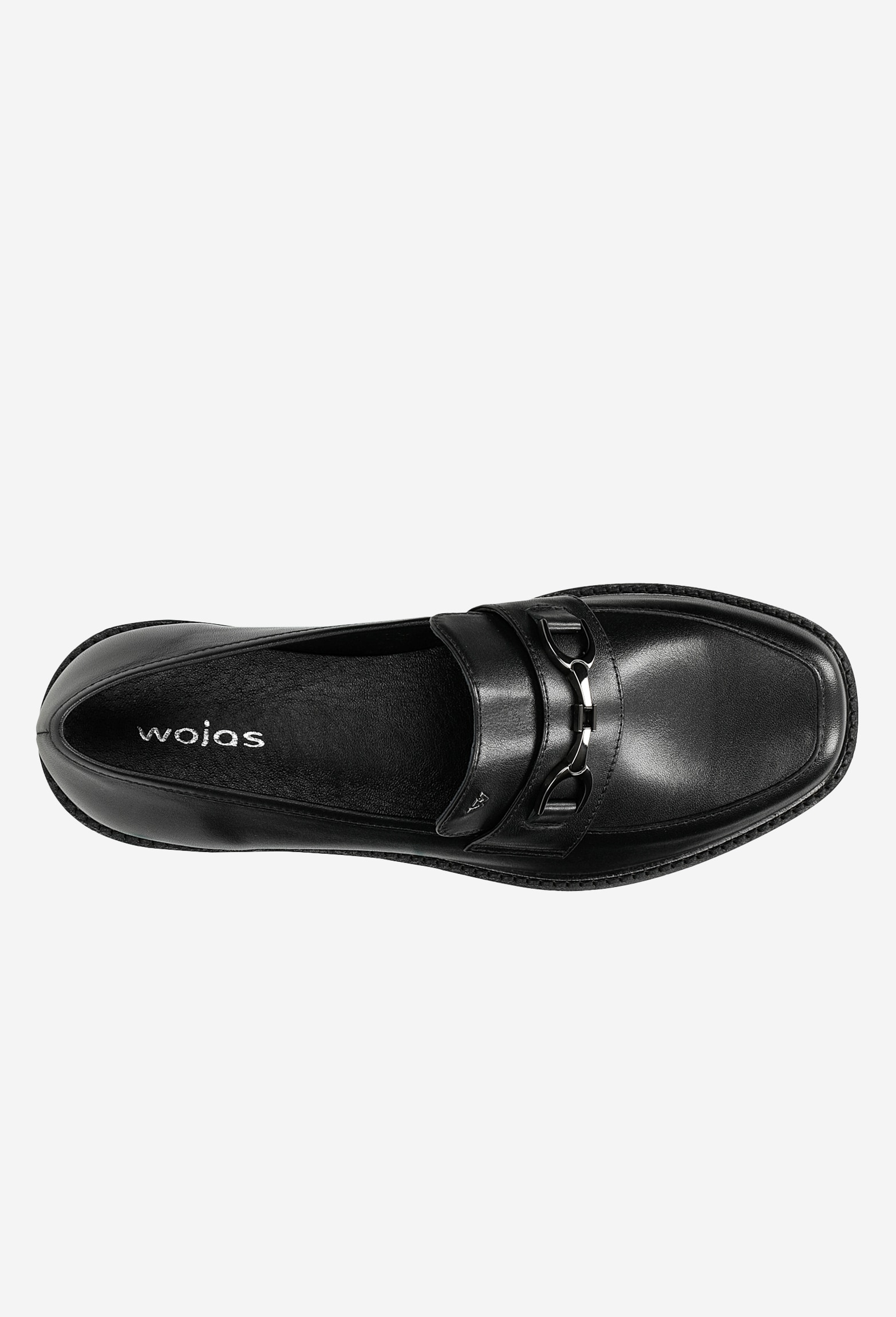 Czarne lakierowane mokasyny damskie ze złotą ozdobą