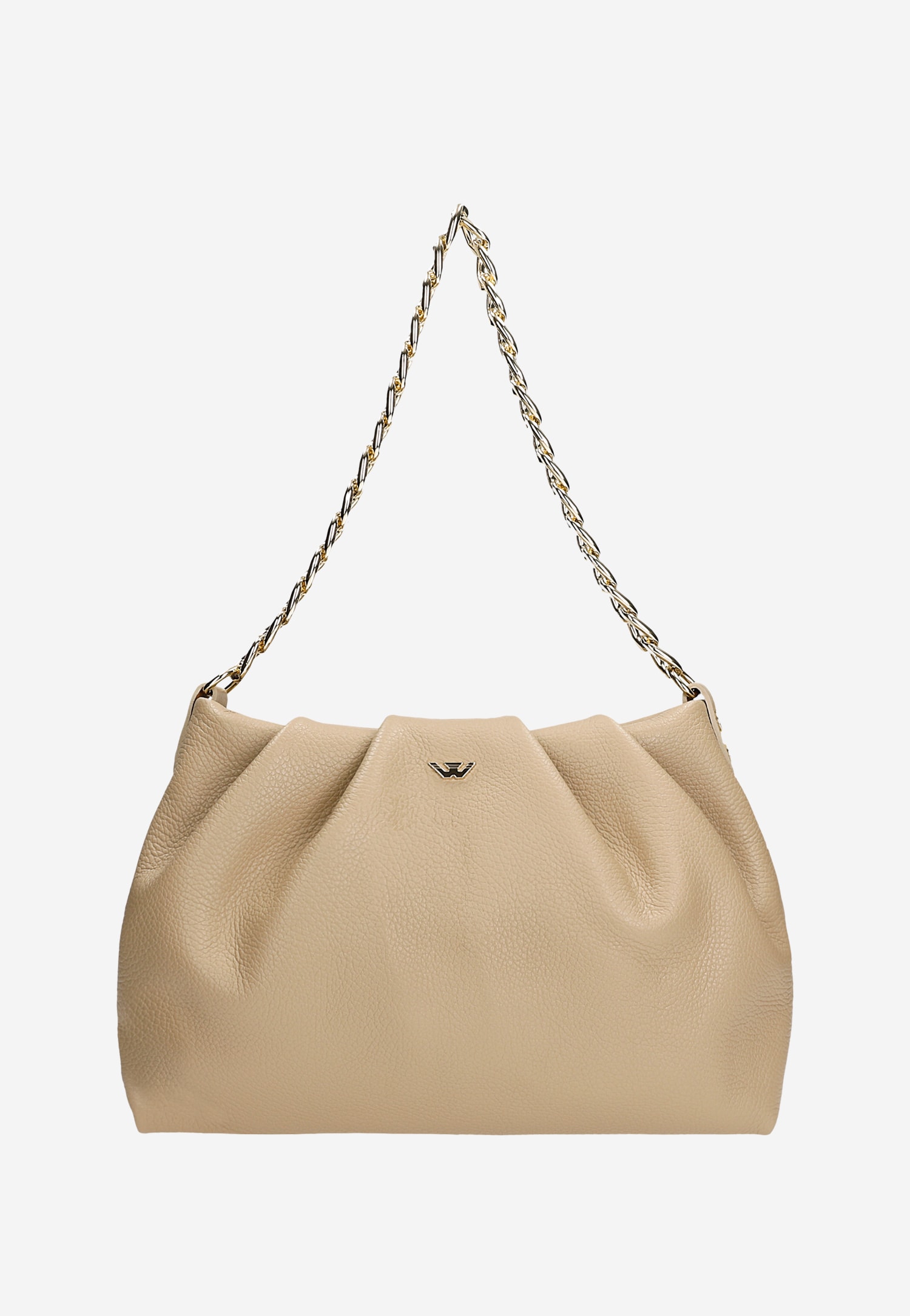 Bezowa skórzana torebka damska ze złotym łańcuchem