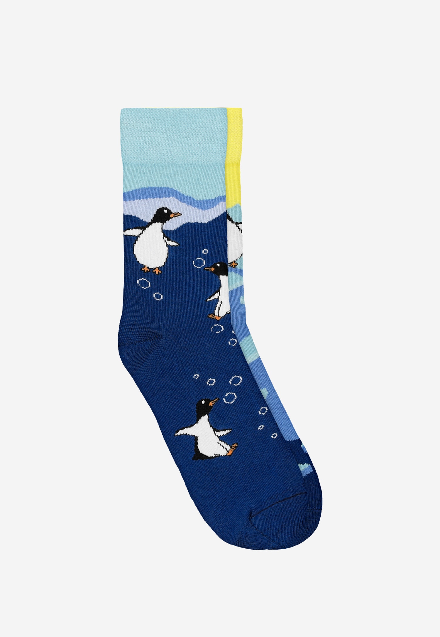 Niebiesko-żółte skarpety w pingwiny