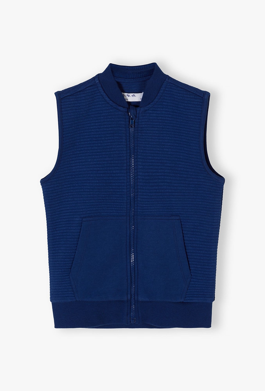 Bezrękawnik chłopięcy w prążki granatowy ze stójką