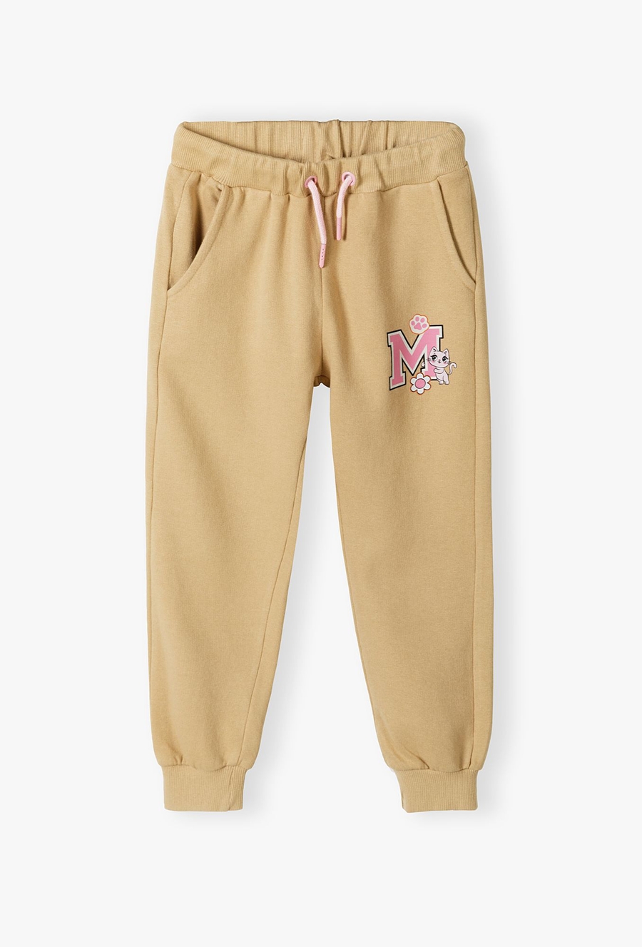 Spodnie dresowe dla dziewczynki - beżowe z kotkiem - 510.15.
