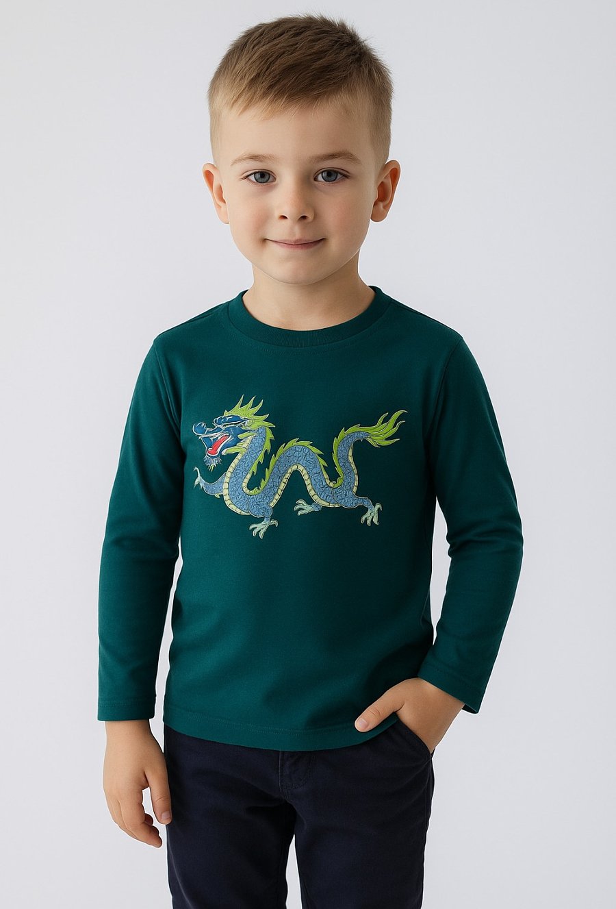 Bluzka chłopięca z długim rękawem i nadrukiem smoka – zielona