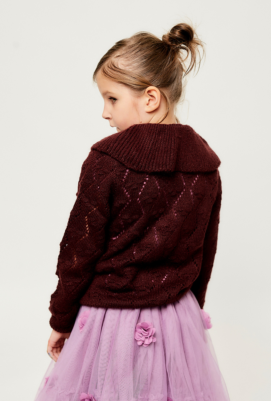 Bordowy kardigan dziewczęcy z kołnierzem