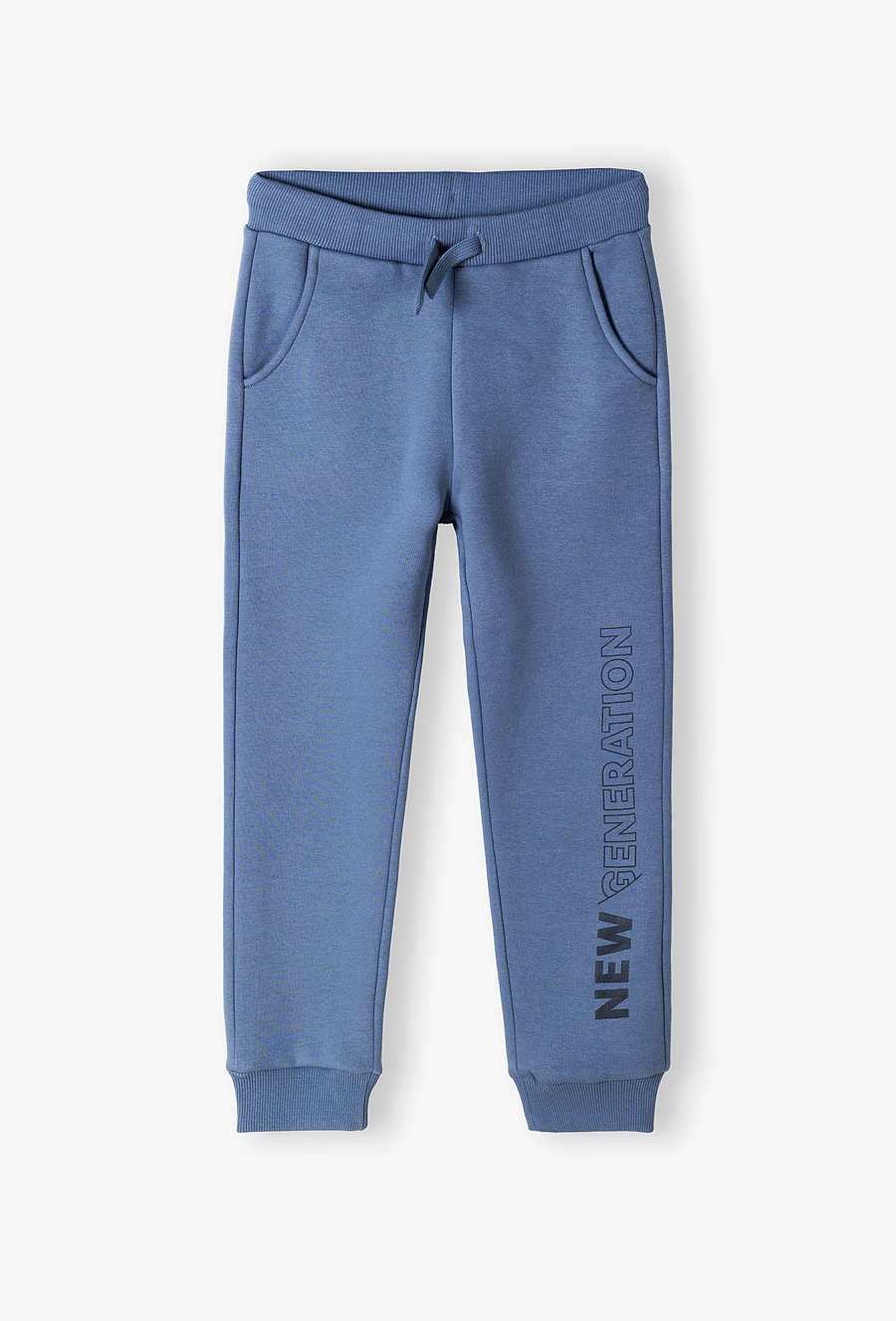 Spodnie dresowe niebieskie z napisem na nogawce- New generation