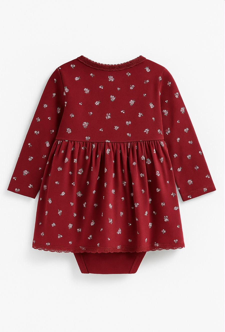 Bordowa body-sukienka niemowlęca z nadrukiem w kwiatuszki