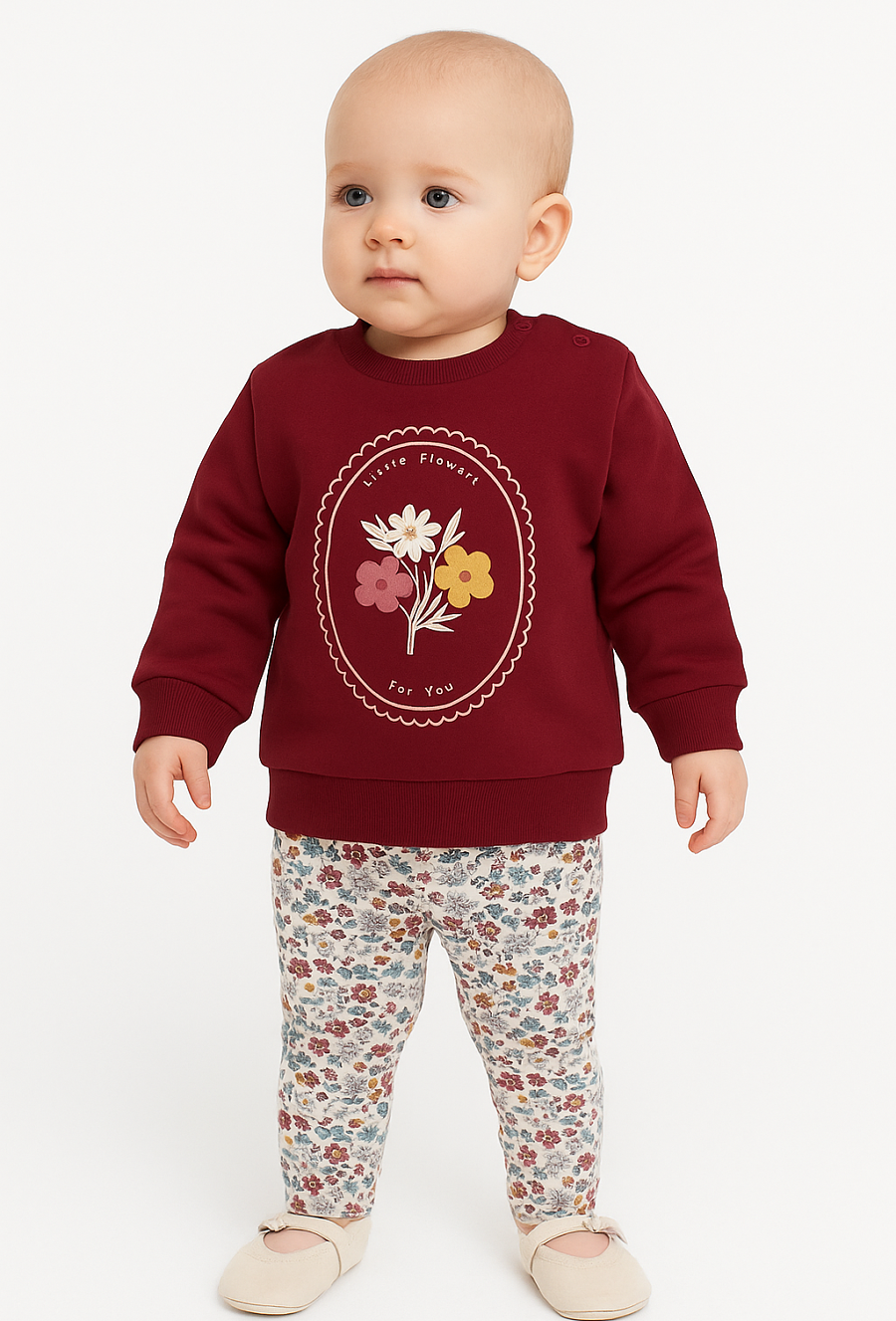 Komplet niemowlęcy: bluza z haftem i legginsy w kwiaty.