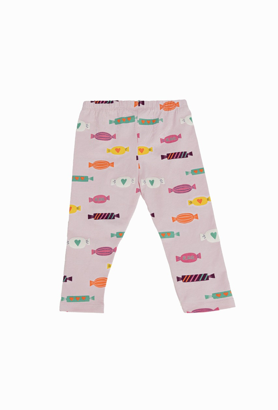 Różowe legginsy dziewczęce z nadrukiem cukierków.