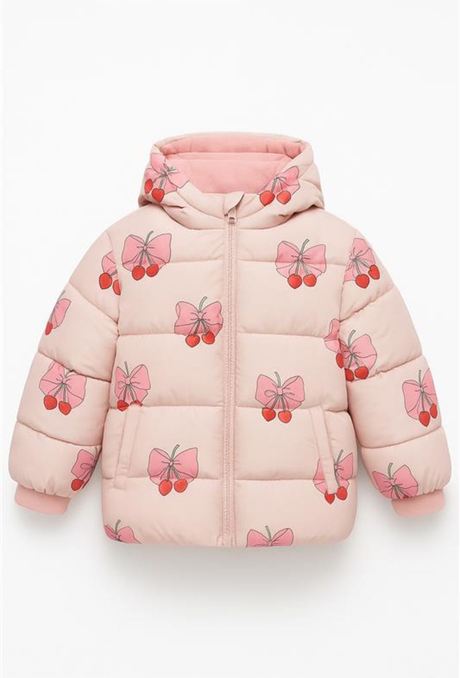Różowa kurtka zimowa dziewczęca w wiśnie i kokardki