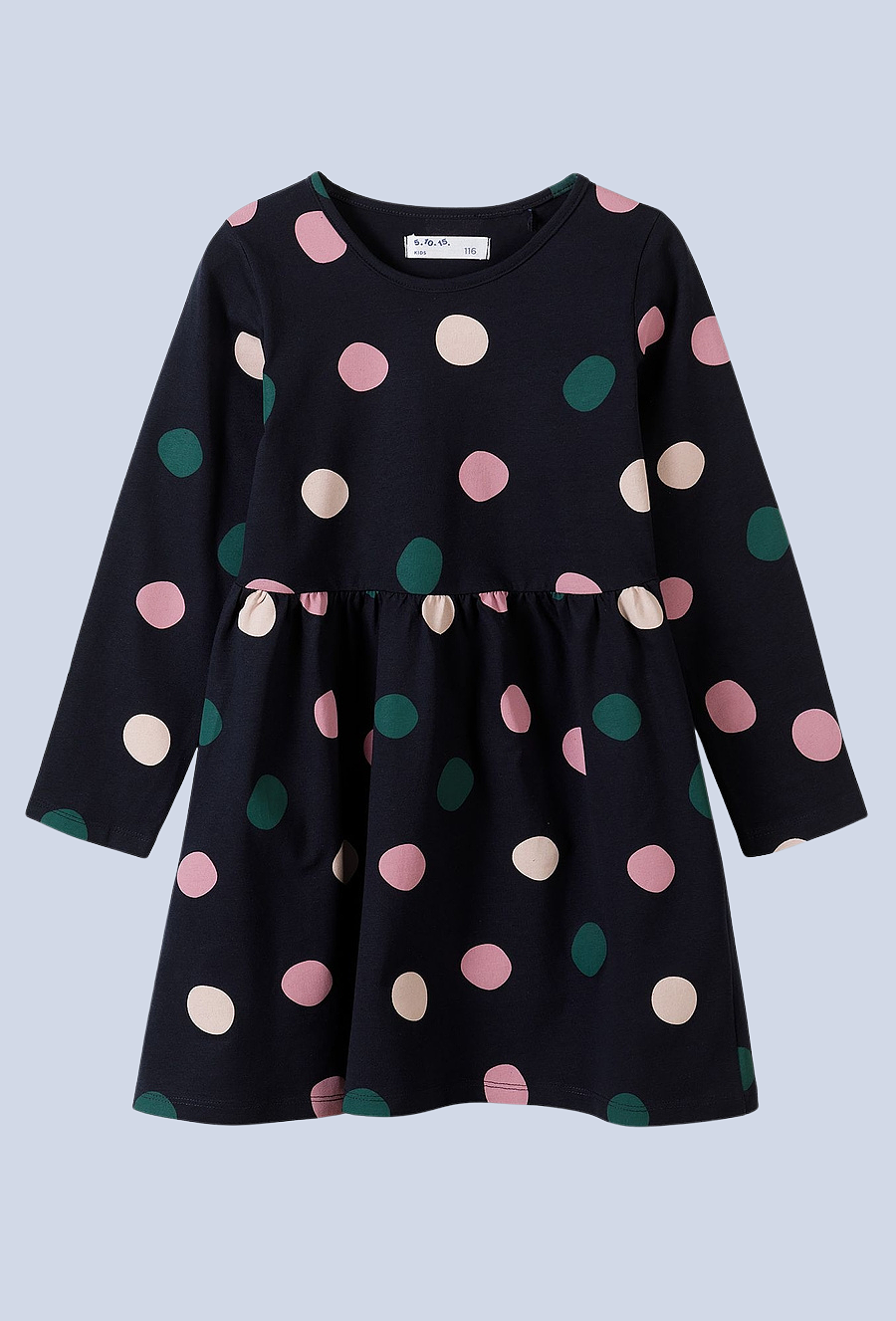 Granatowa sukienka dziewczęca w kolorowe grochy - 510.15.