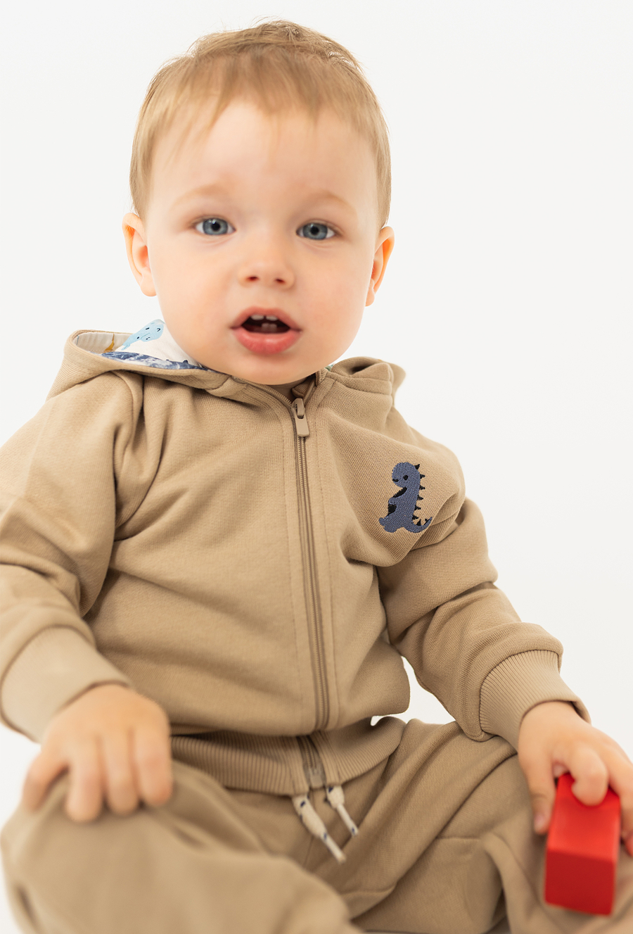 Bluza niemowlęca rozpinana z kapturem - beżowa z dinozaurem