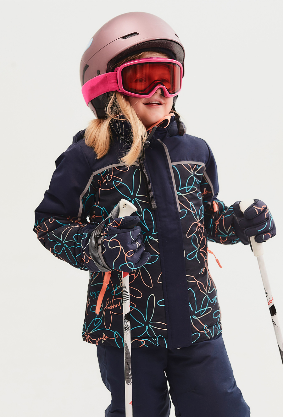 Kurtka narciarska dla dziewczynki granatowa w kwiaty - 510.15.