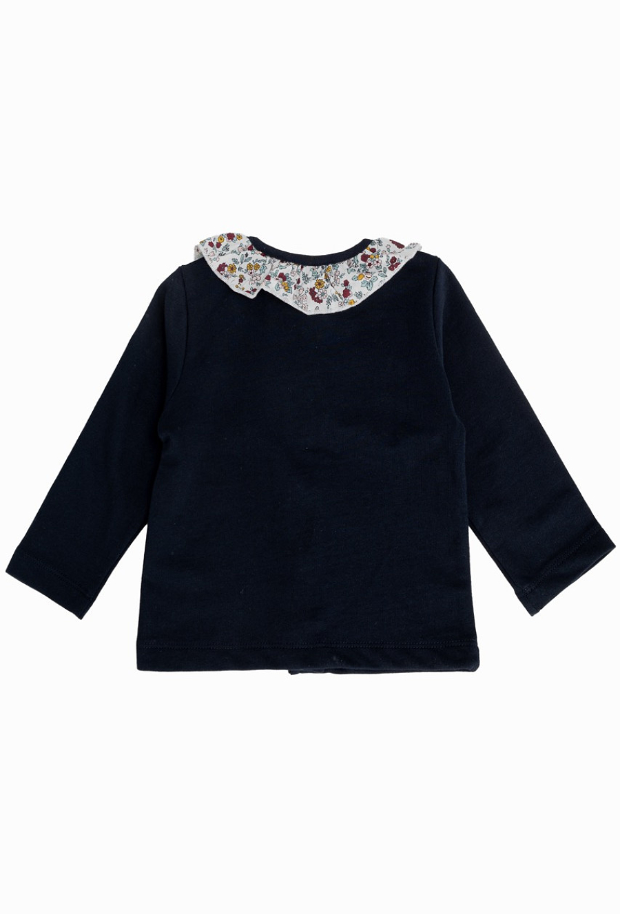 Granatowa bluza niemowlęca z kwiatowym kołnierzykiem.