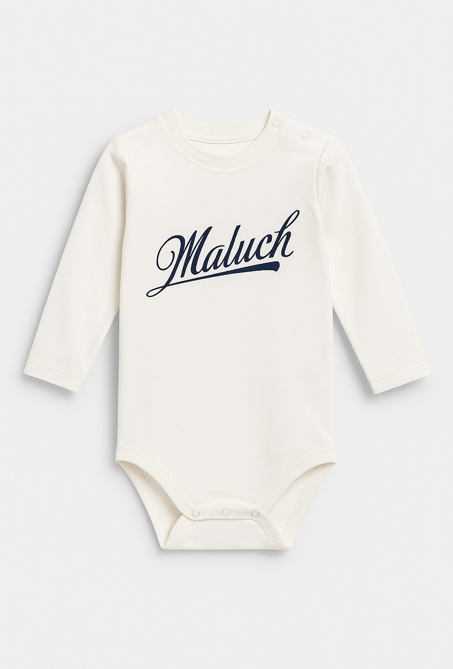 Białe body niemowlęce z nadrukiem „Maluch”. długi rękaw