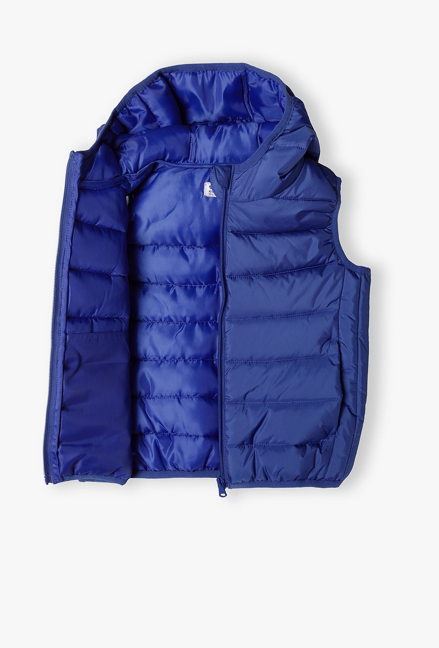 Niebieski bezrękawnik pikowany dla chłopca z kapturem