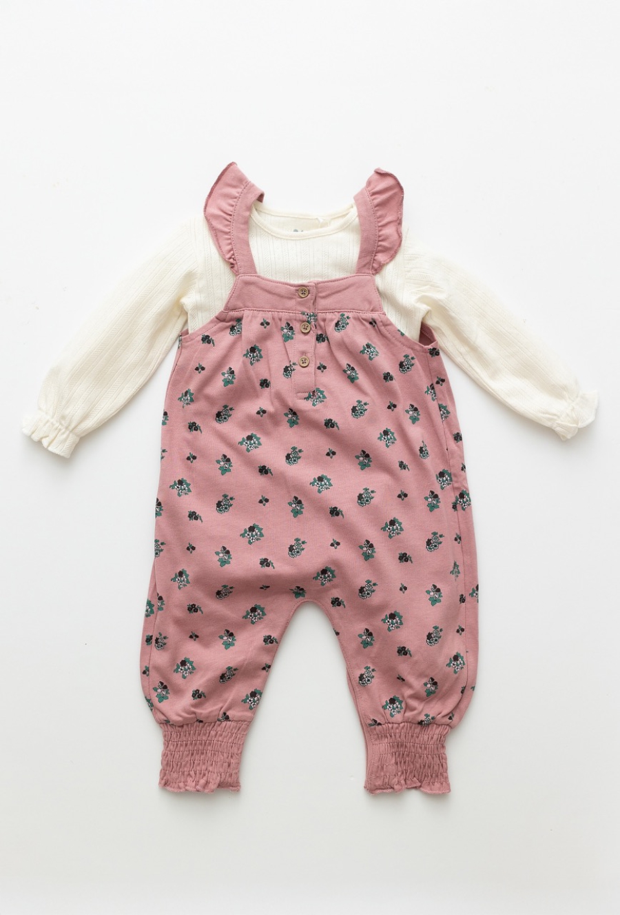 Komplet niemowlęcy – różowe ogrodniczki i emowe body