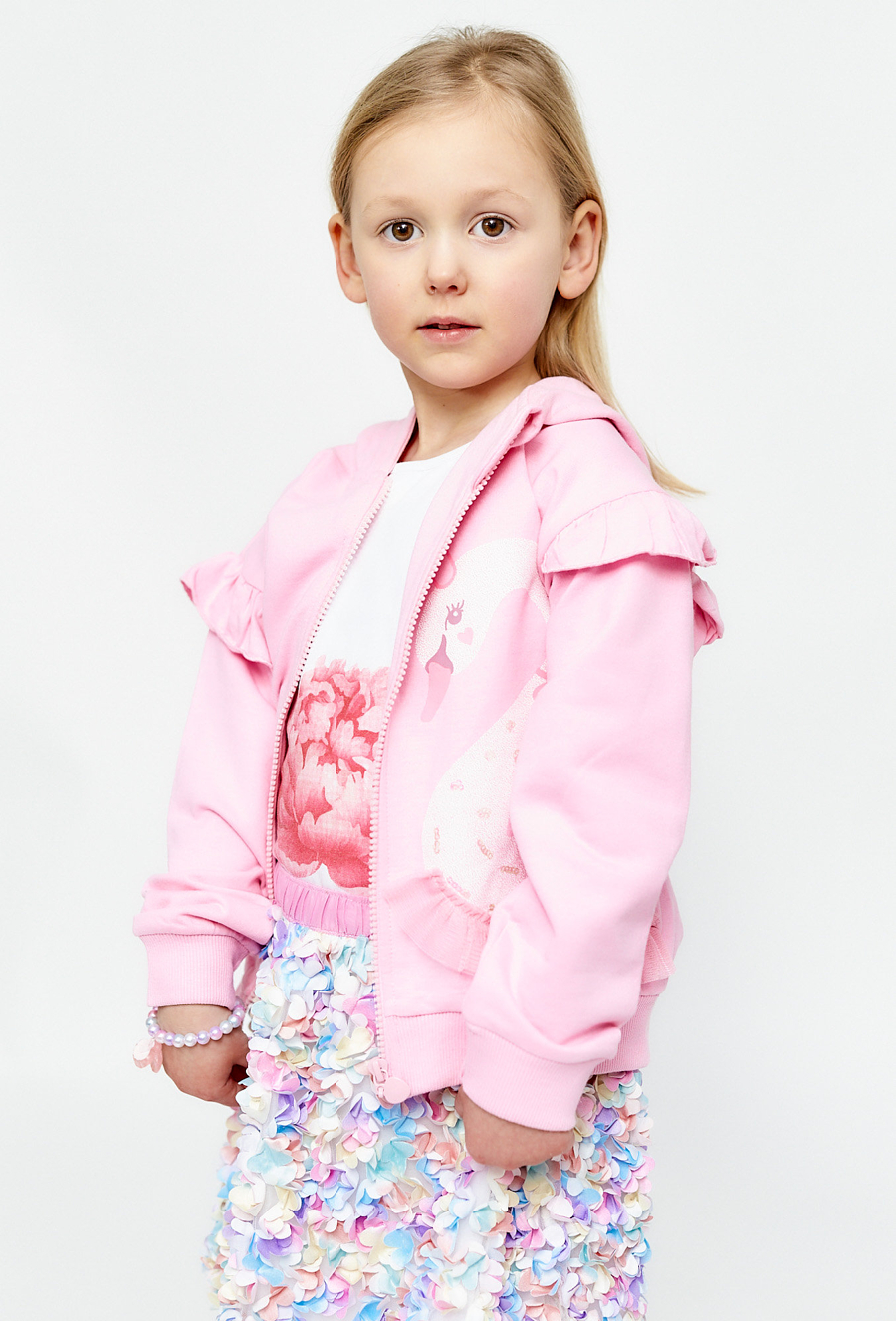 Bluza dziewczęca z kapturem i nadrukiem łabędzia