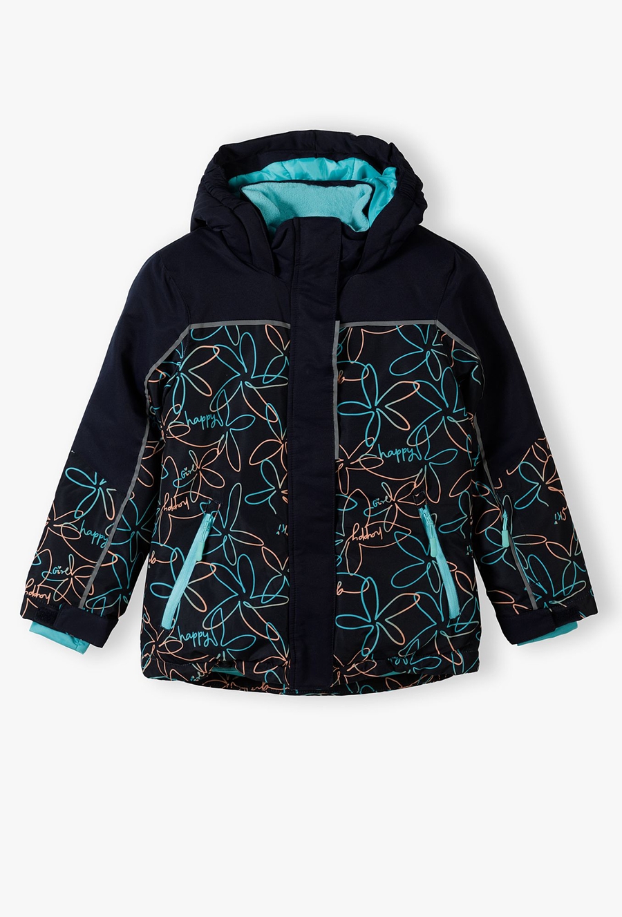 Kurtka narciarska dla dziewczynki - granatowa w kwiaty