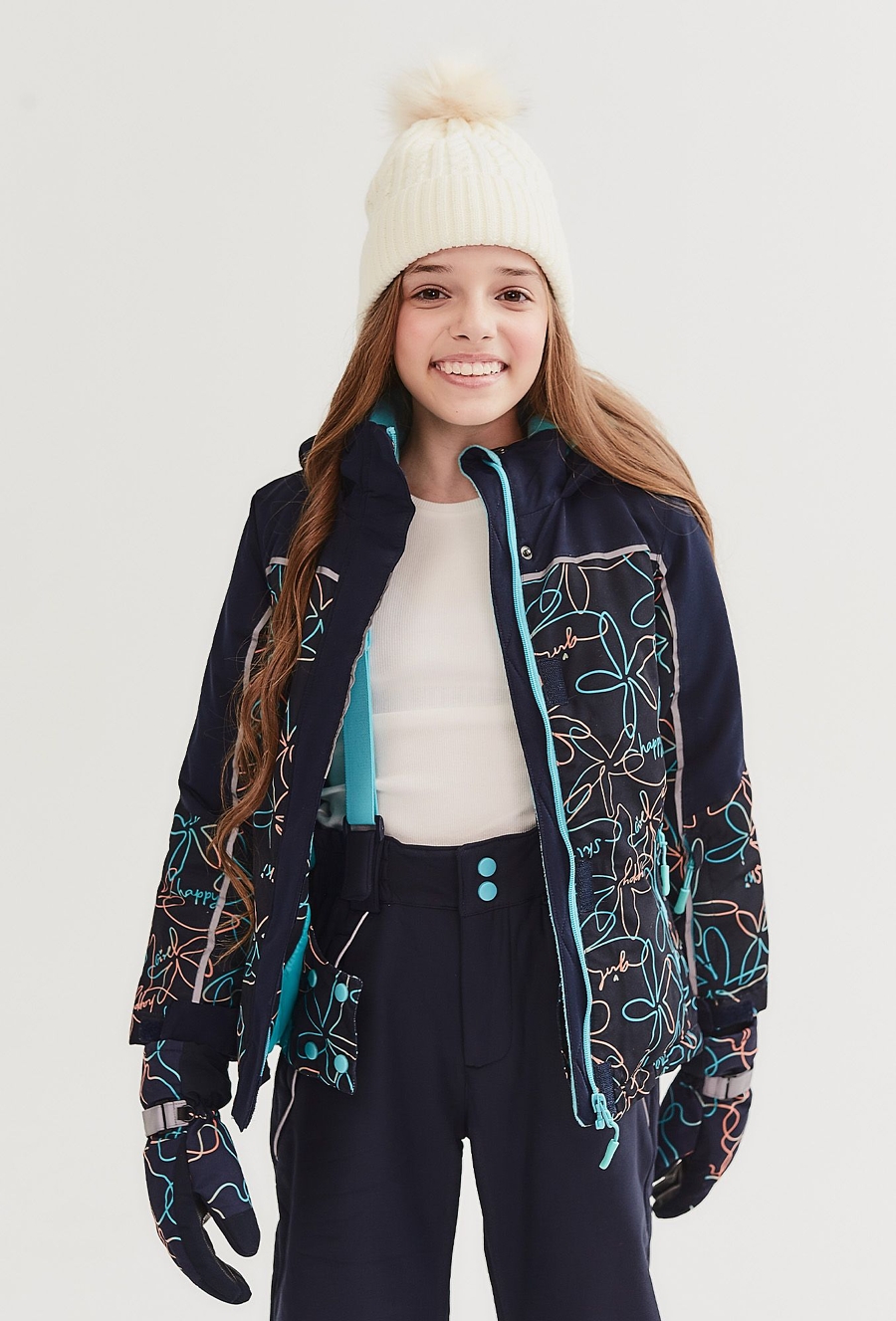 Kurtka narciarska dla dziewczynki - granatowa w kwiaty