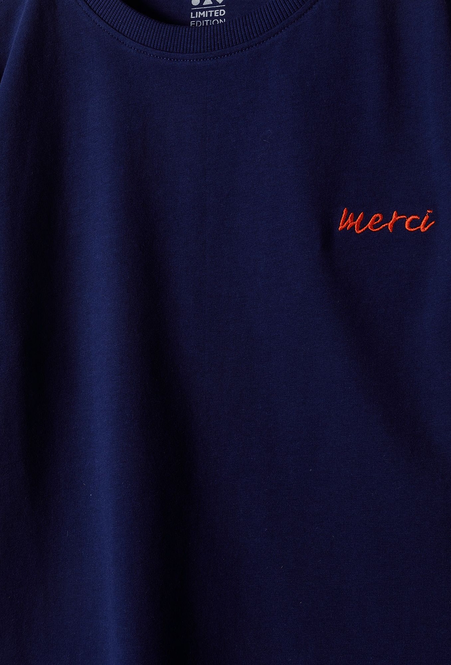 Granatowy t-shirt z napisem merci - Limited Edition
