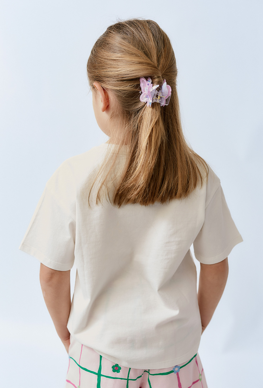 Koszulka na lato - ecru z różowym kwiatkiem