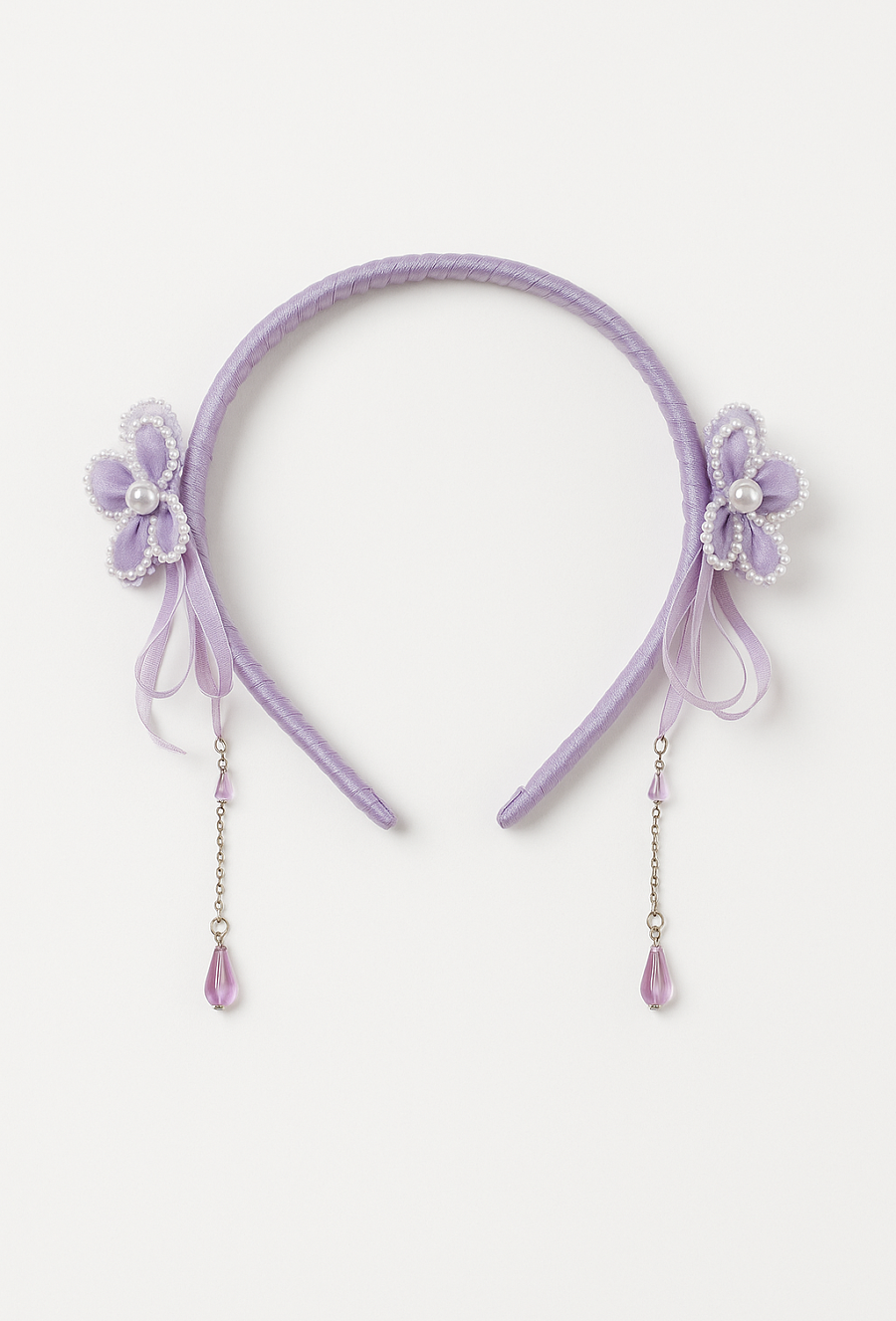Opaska dziewczęca fioletowa z kwiatkami i perełkami