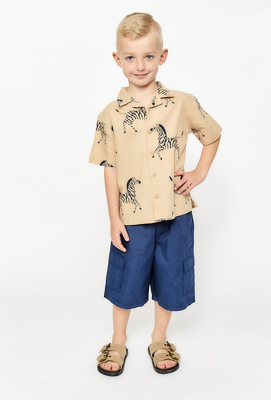 Koszula z ótkim rękawem - beżowa w zebry