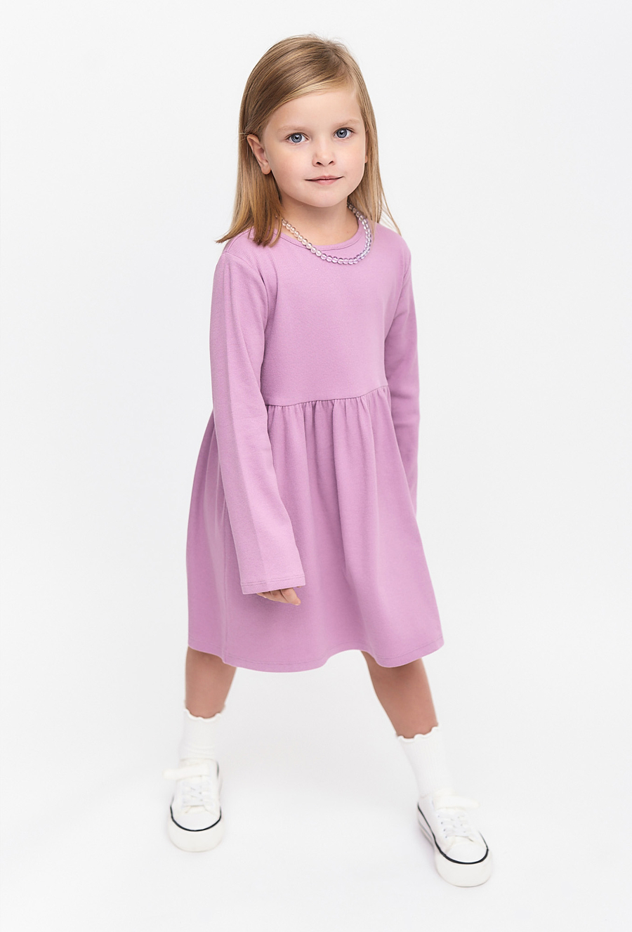 Dzianinowa sukienka dla dziewczynki - fioletowa w prążki