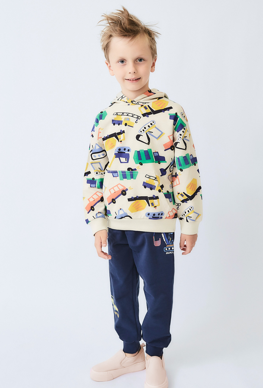 Bluza dziecięca ecru z kapturem – nadruk pojazdów