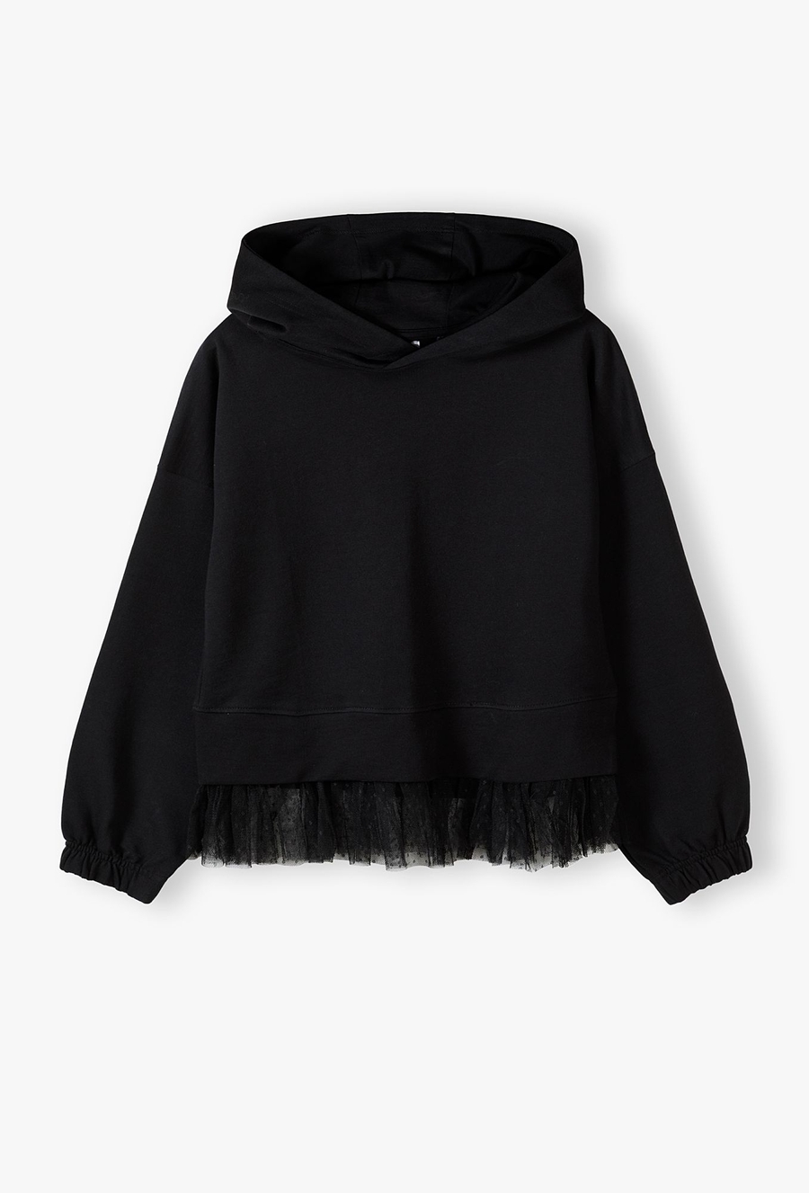 Czarna bluza dziewczęca z kapturem i tiulową falbanką