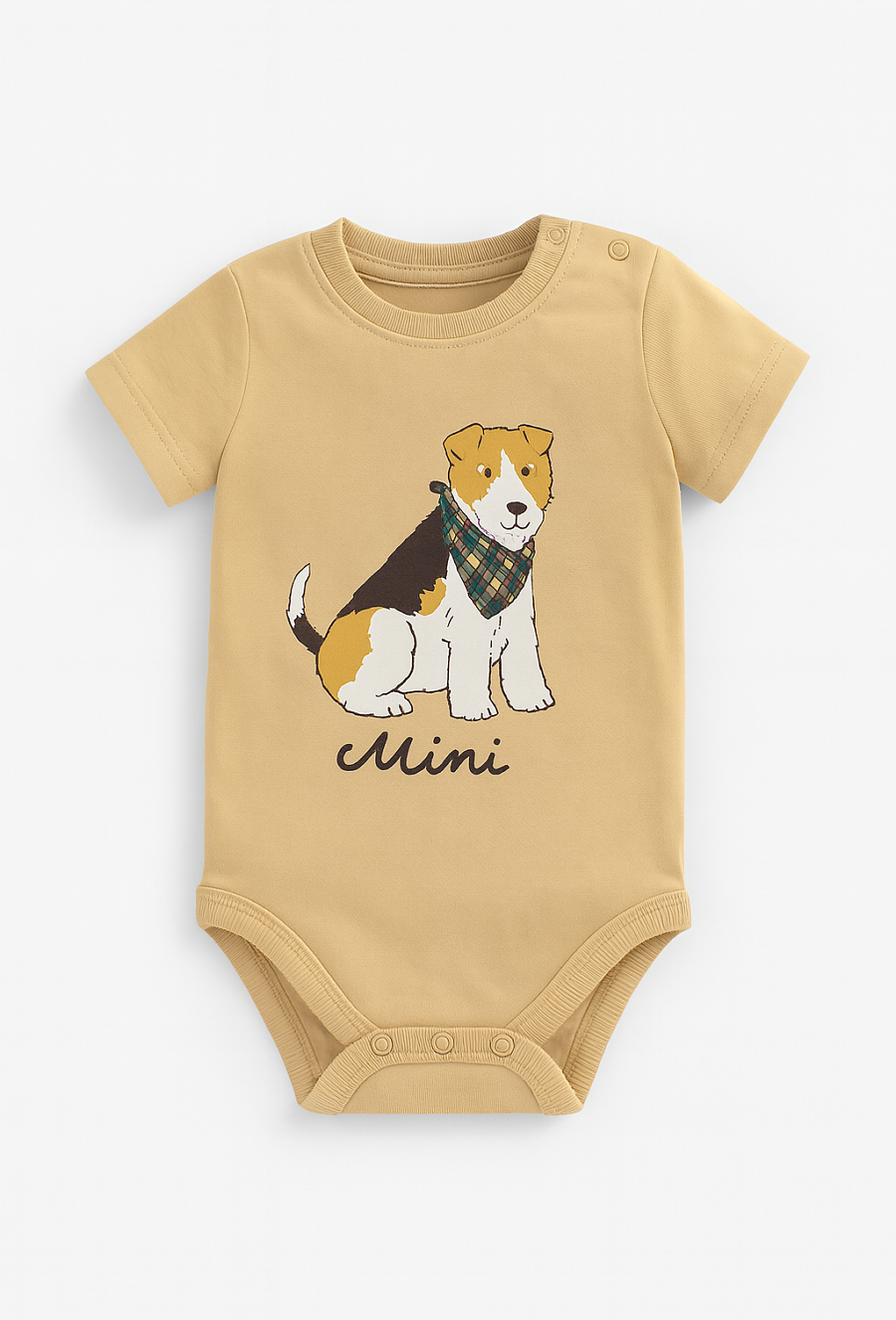 Beżowe body niemowlęce z nadrukiem pieska. ótki rękaw