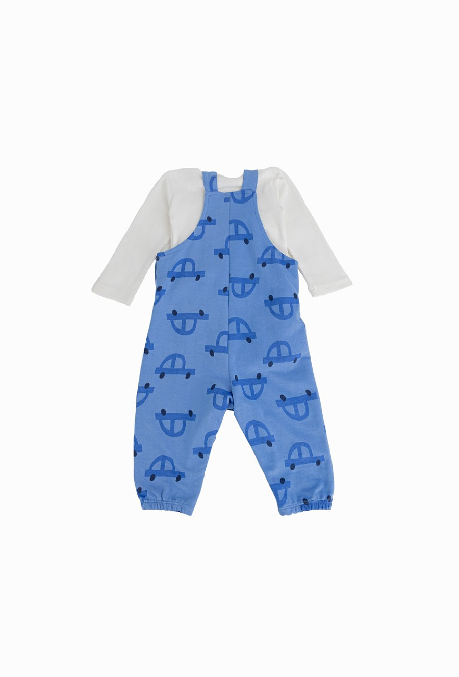 Niebieski komplet niemowlęcy – ogrodniczki i body.