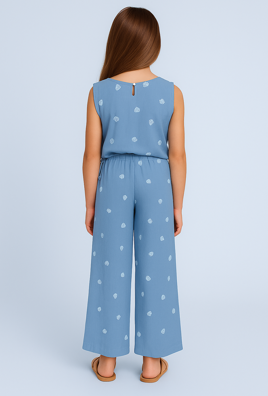 Spodnie dziewczęce muślinowe wide leg – niebieskie z muszelkami