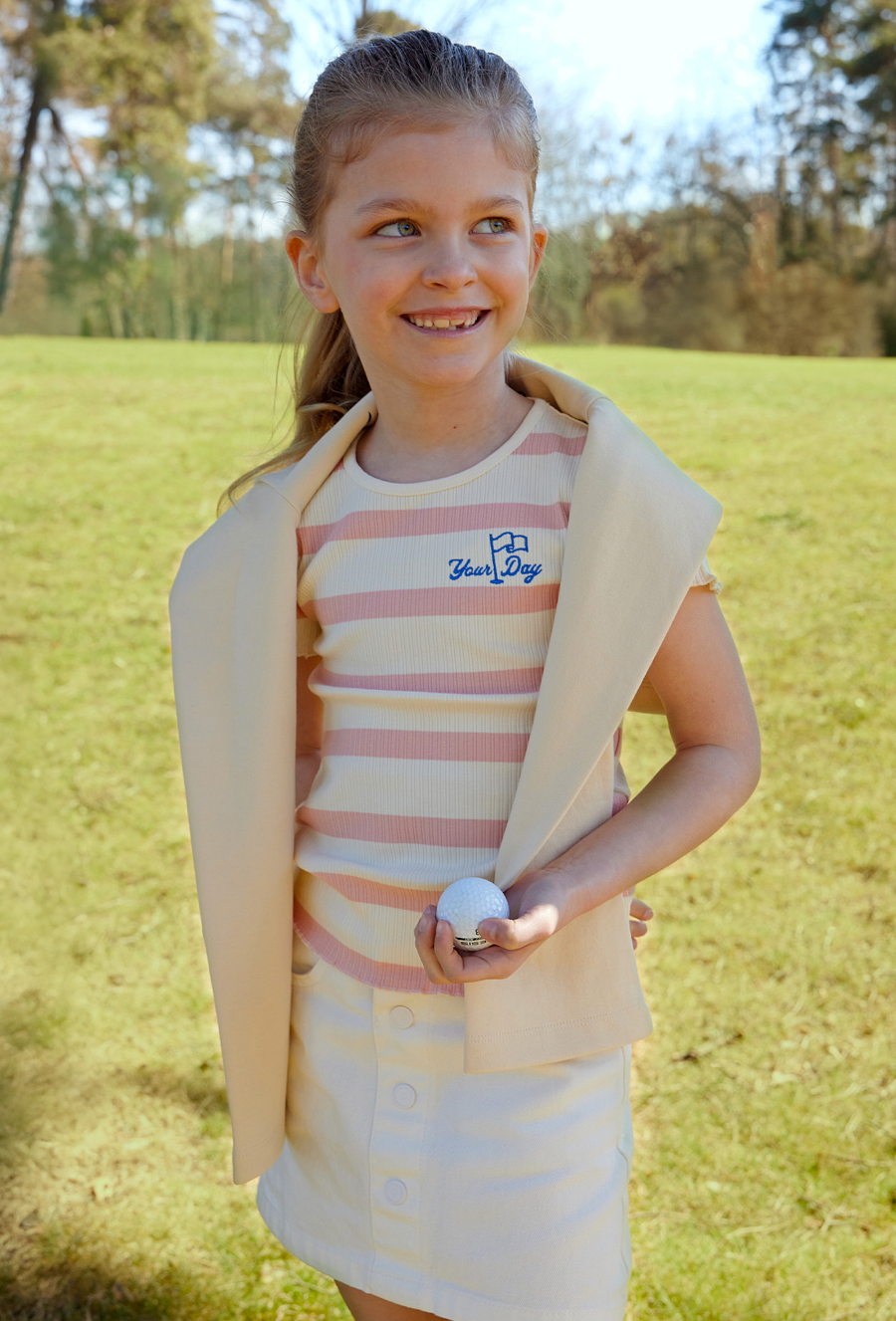 T-shirt dziewczęcy - ecru w różowe paski