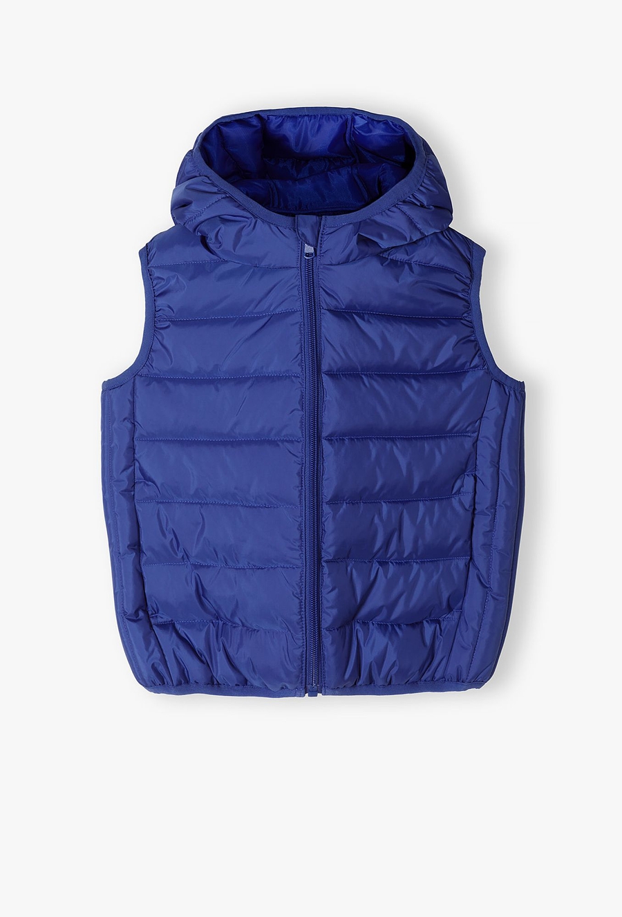 Niebieski bezrękawnik pikowany dla chłopca z kapturem